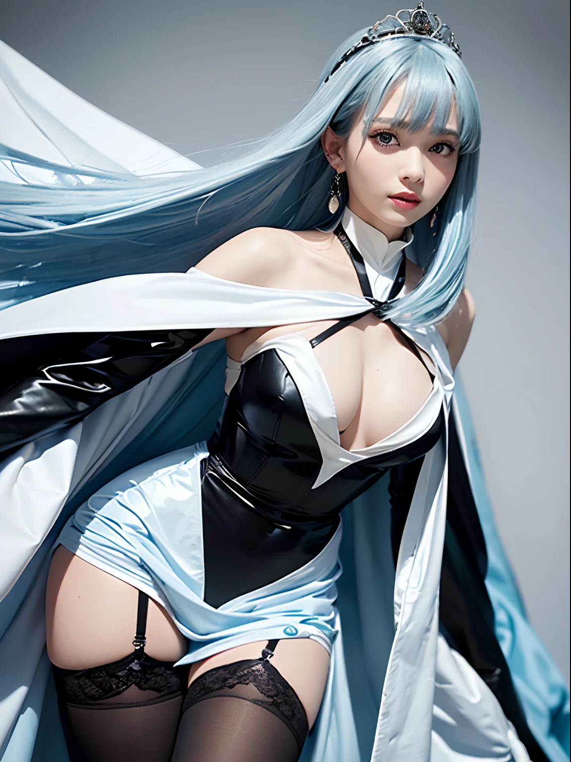 Best Quality,超A high resolution,(photographrealistic:1.4),Japanese,light sky blue hair,Long hair,Bangs are longer than eye level,sky-blue eyes,((skinny)),Light makeup,White large cape,Thin leg,Black Long Thin String Tie,((Sky blue long princess line dress over bodysuit)),((Sky blue long dress)),((Sky blue dress on chest)),A glimpse of the chest,The front of the dress is open,White glove on right hand,The left hand is a black glove,Large white down shoulder badge like a cloak,((legs are all covered with black stockings.)),Small breasts,White panty,Small teardrop earrings,Cute,Smile,On a dark music stage