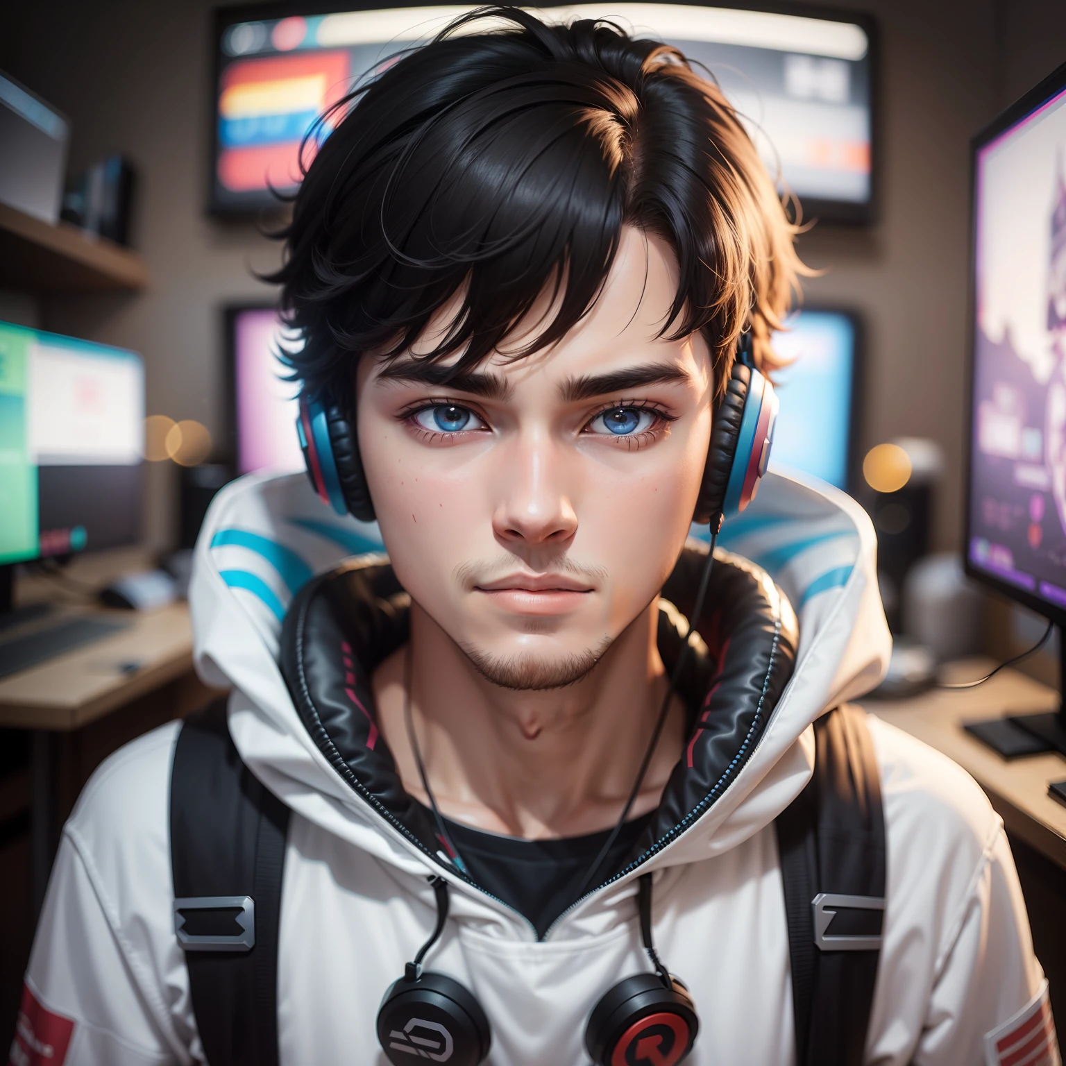 a man, 20 years old, gamer, streamer, he's using a headset, pov, 1990 anime style, high quality, 8k, vibrant colors