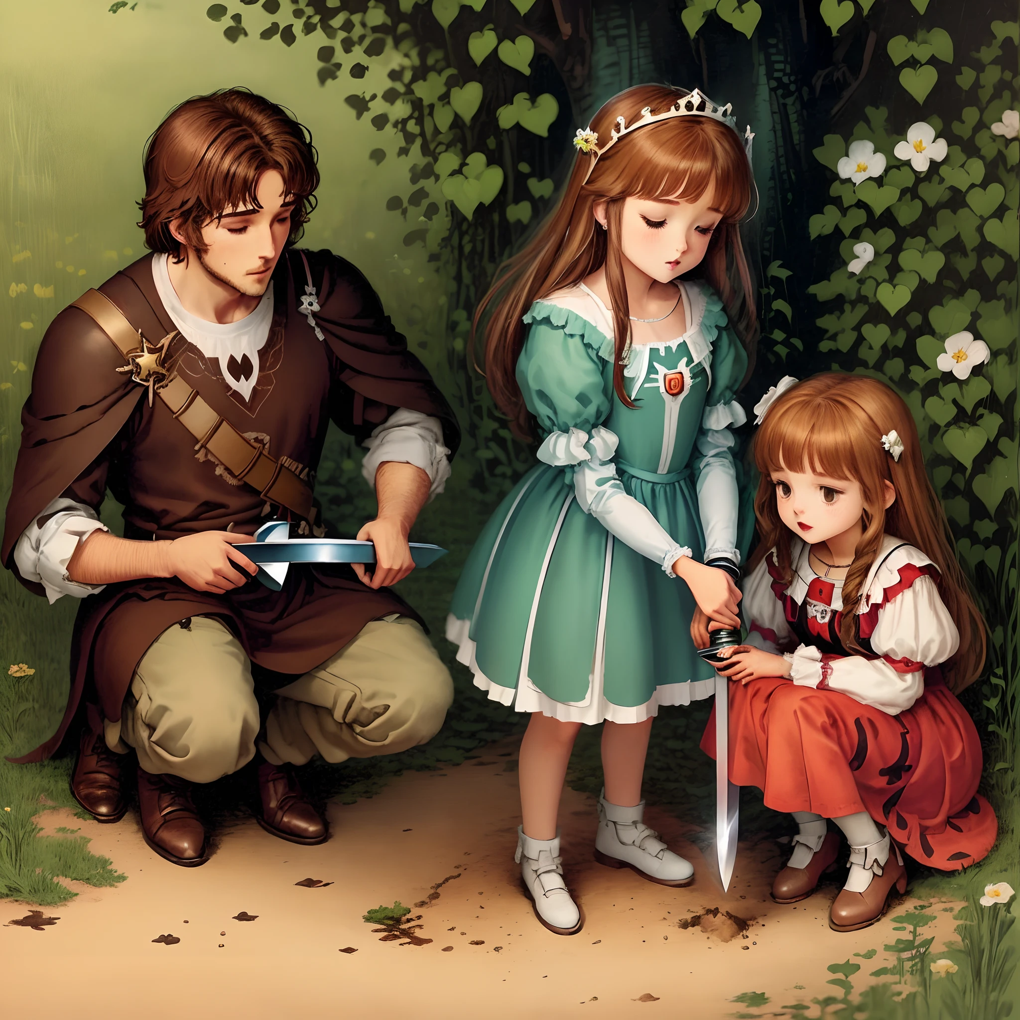 A man who has drawn a sword on a princess girl with brown hair and the girl is kneeling on the ground