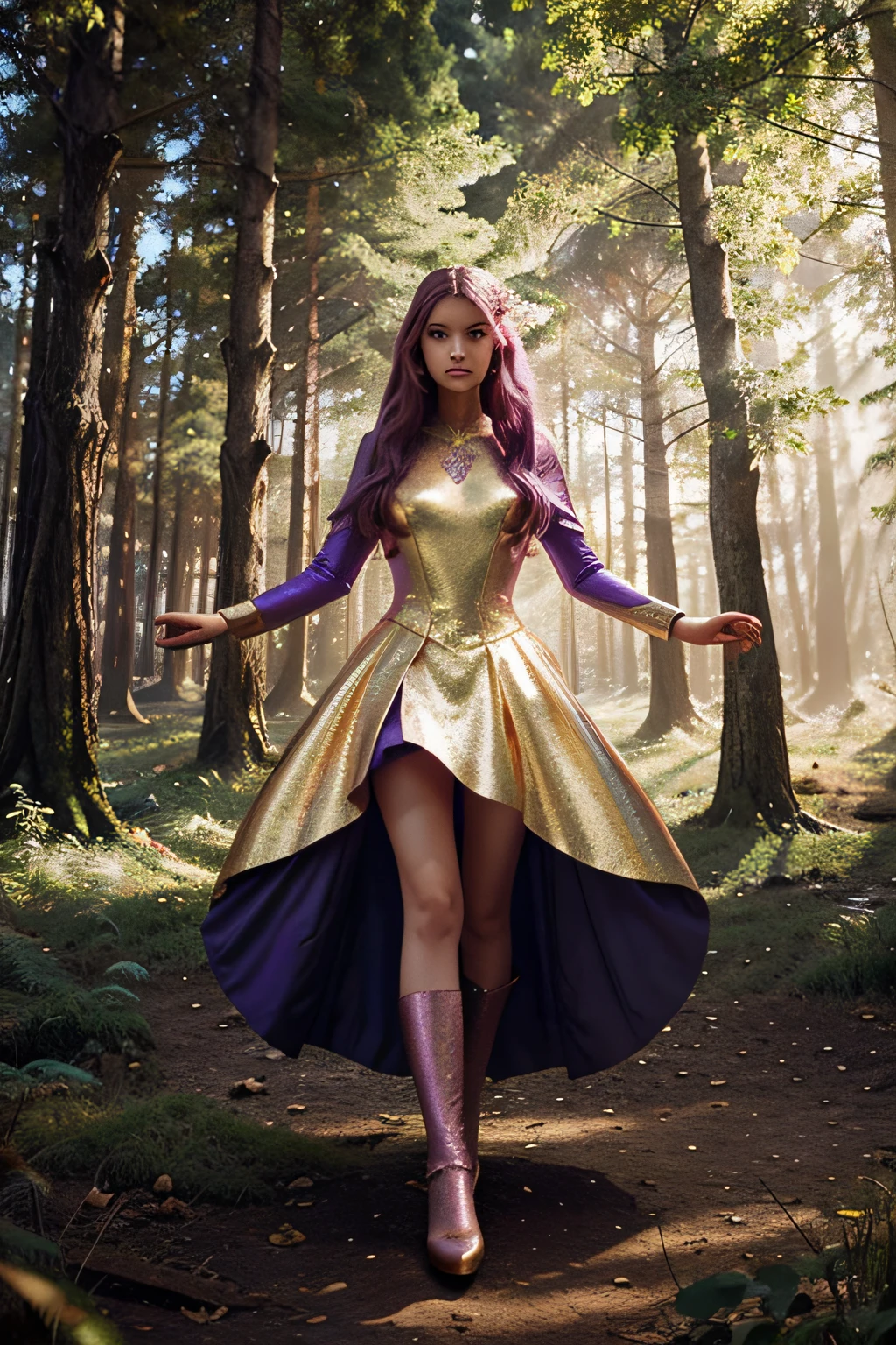 Draw a futuristic illustration for a fairy tale about a girl standing in a fairytale forest, Able to talk to the beasts of the forest. Use gold colors, Purple, Pink & Glitter. The image must be perfectly drawn.