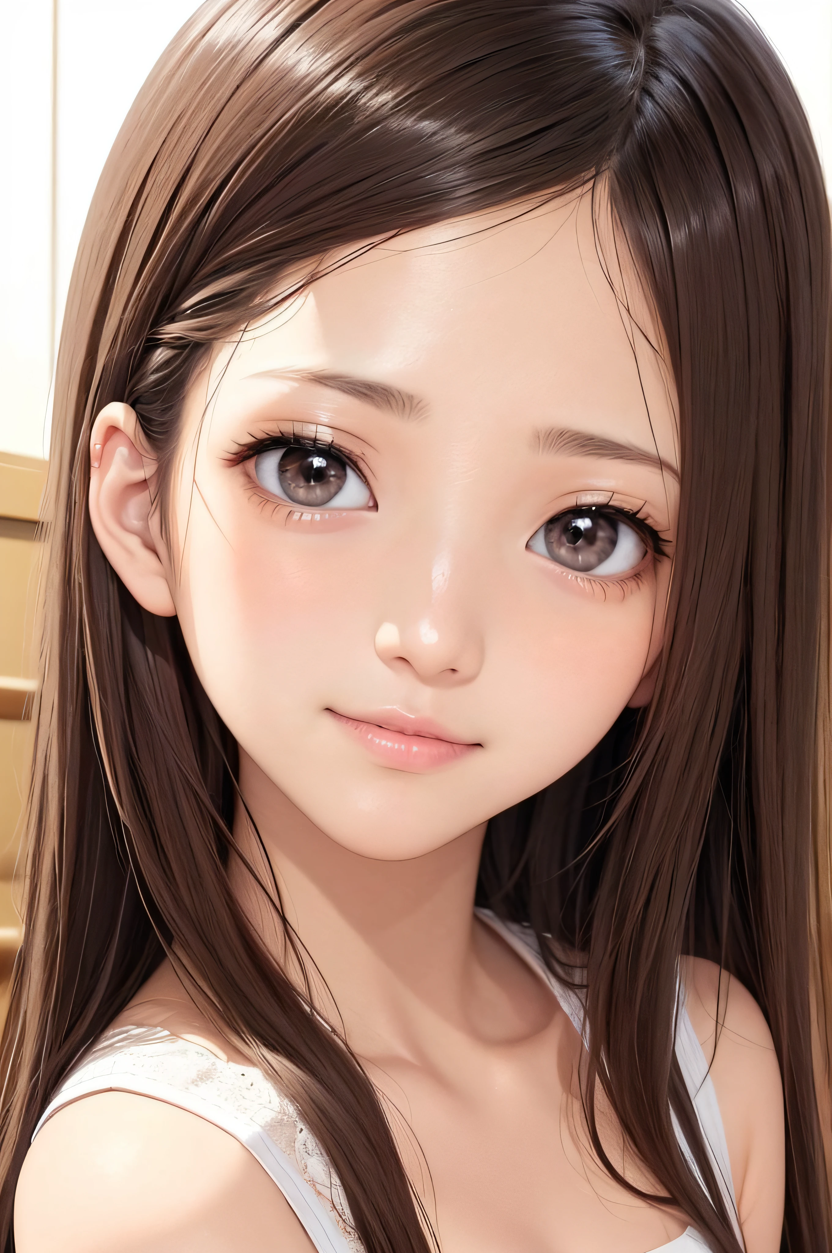 sixteen years old、a beauty girl、brown haired、beautidful eyes、real looking skin、small tits、(8K、masterpiece)、(reallistic、Photorealsitic)、top-quality、ighly detailed、The ultra-detailliert、Beautie、cute little、japanes、Idol、ssmile、Close-up portrait、Healthy face