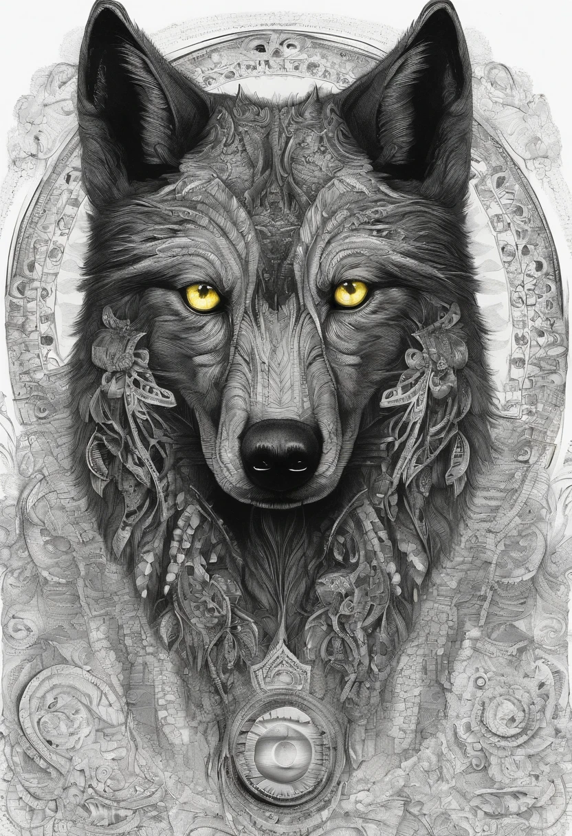 Mystical black wolf with one yellow eye and one blind eye.