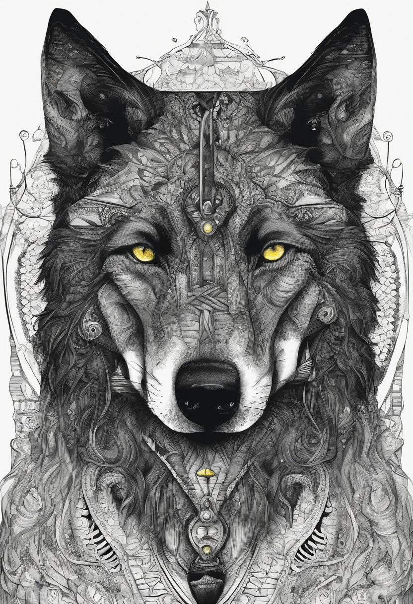Mystical black wolf with one yellow eye and one blind eye.