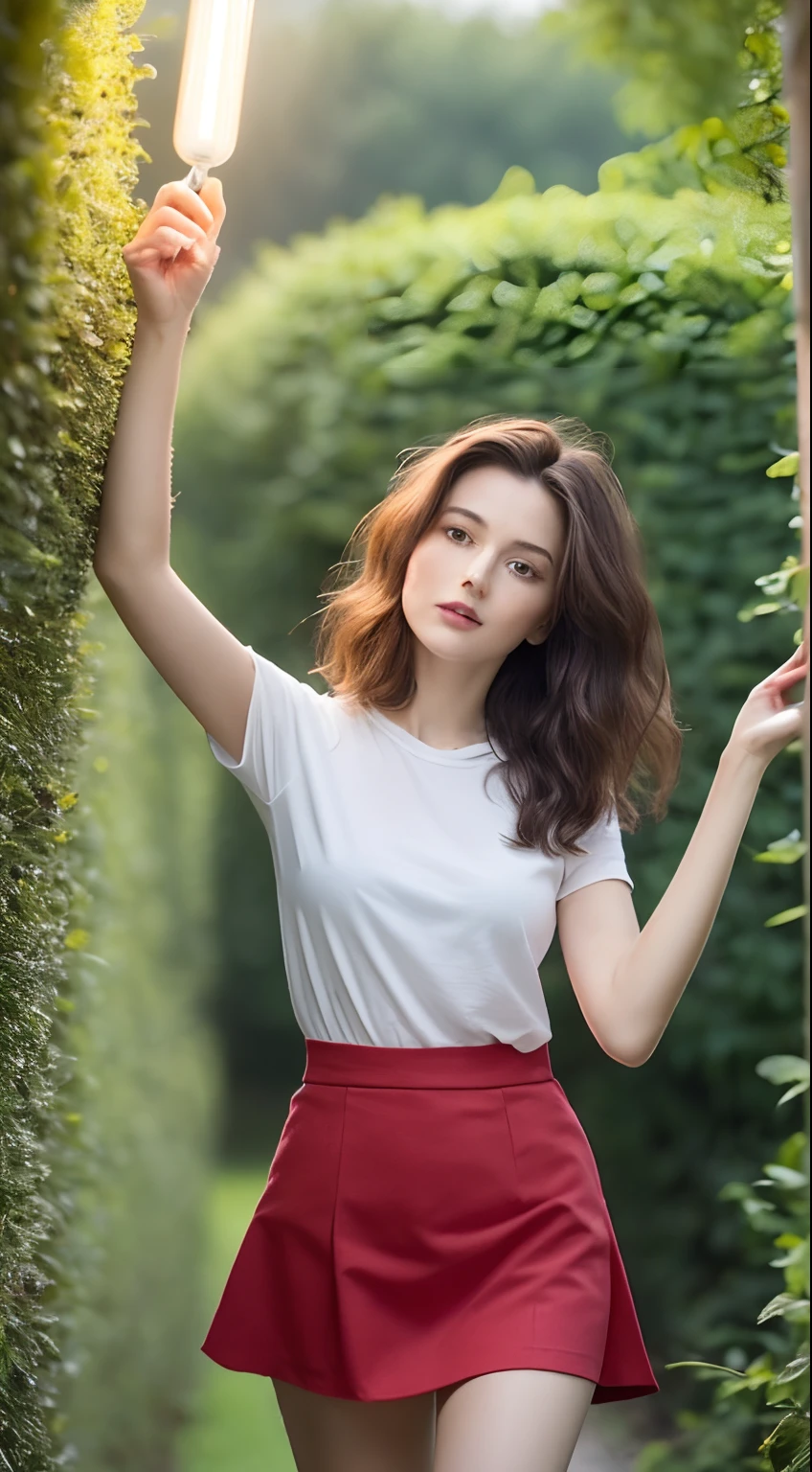 ((Realistische Beleuchtung, best quality, 8K, Meisterwerk:1.3)), Brennpunkt:1.2, 1girls, Perfekte Figur:1.4, Slim abs:1.1, ((rotes gewelltes Haar)), (Crop-Oberteil: 1.4), (im Freien, Wald: 1.1), Wald, Superfeines Gesicht, Feine Augen, Doppelte Augenlider, gewelltes Haar,((rote gewelltes Haare:1.3))in love,mini skirt,sexy,climbing tree