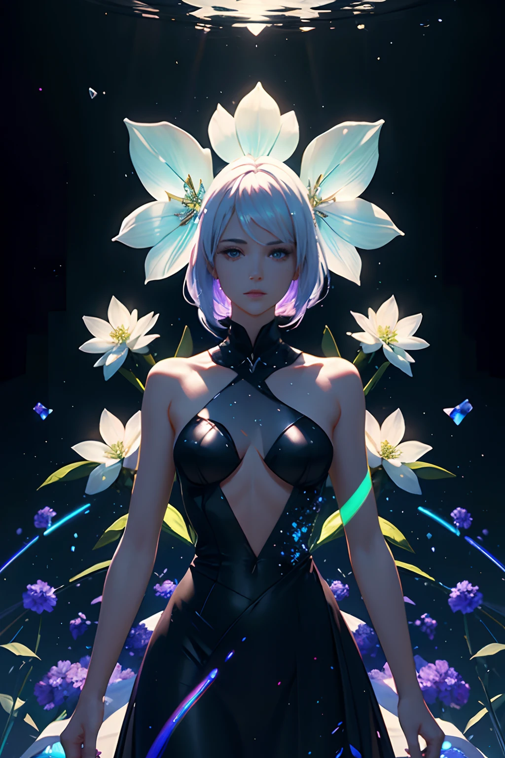 raytracing, spritesheet vfx flowers, dream aesthetic, one 1 white pearlescent holographic opalescent flowers ethereal painting in a black backgroung, transparency phantasmagoric, elegance, light, spritesheet vfx