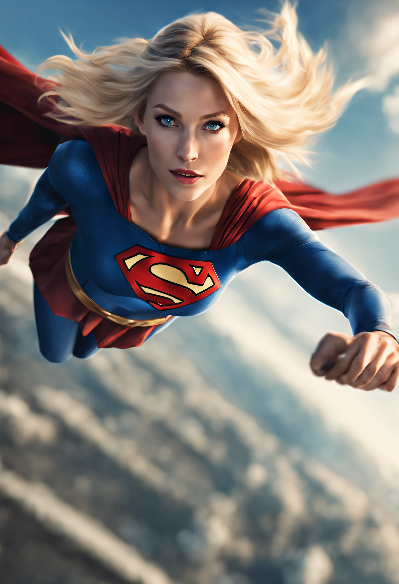 supergirl, blue eyes, blonde hair, flying holding a plane, realistic image, cinematic, open camera angle showing the sky