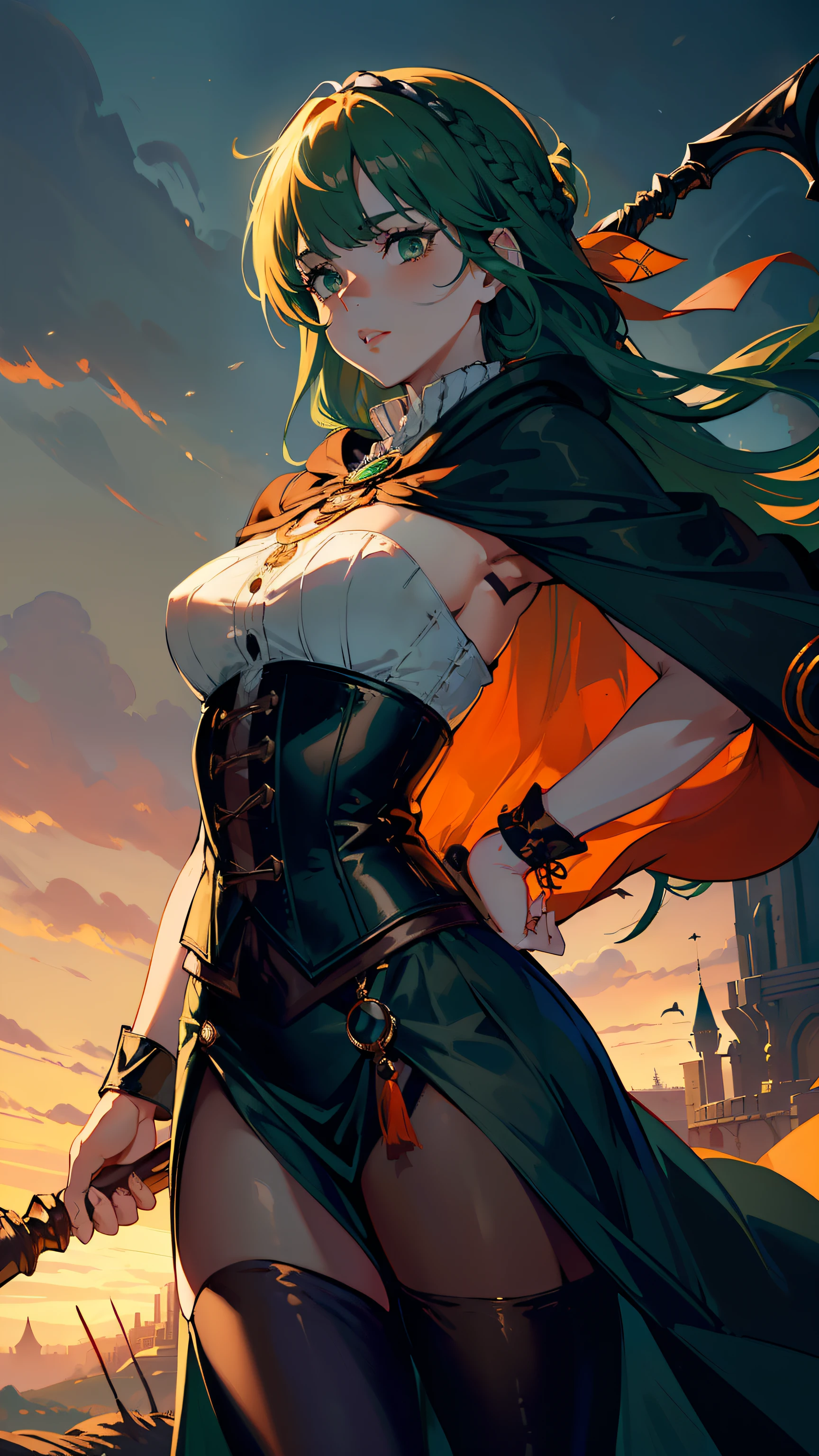 masterpiece, ultra detailed, 8k portrait, RAW photo, portrait photography, highly detailed face, beautiful and meticulous eyes, ((Fantasy)), Young beautiful, 22 years old, dynamic pose, (((Long Straight deep green hair))), ((one side braided with orange hair ribbon)), blunt bangs, White skin color, Luxury, hooded (((dark brown))) (((silk long cloak))) fluttering in the wind, (((dressed shirt))), (((silk maxi skirt))), leather corset, (((dark thigh high tights))), high cut leather boots, (((lift up long magical staff))), ((equip a pocket watch)), Midday Sun, hyper realistic, Body model, Small breasts, Beautiful breasts, Long legs, in the castle, Ambient lighting, Shadow details , Camera focus on face, strong breeze, Light fog