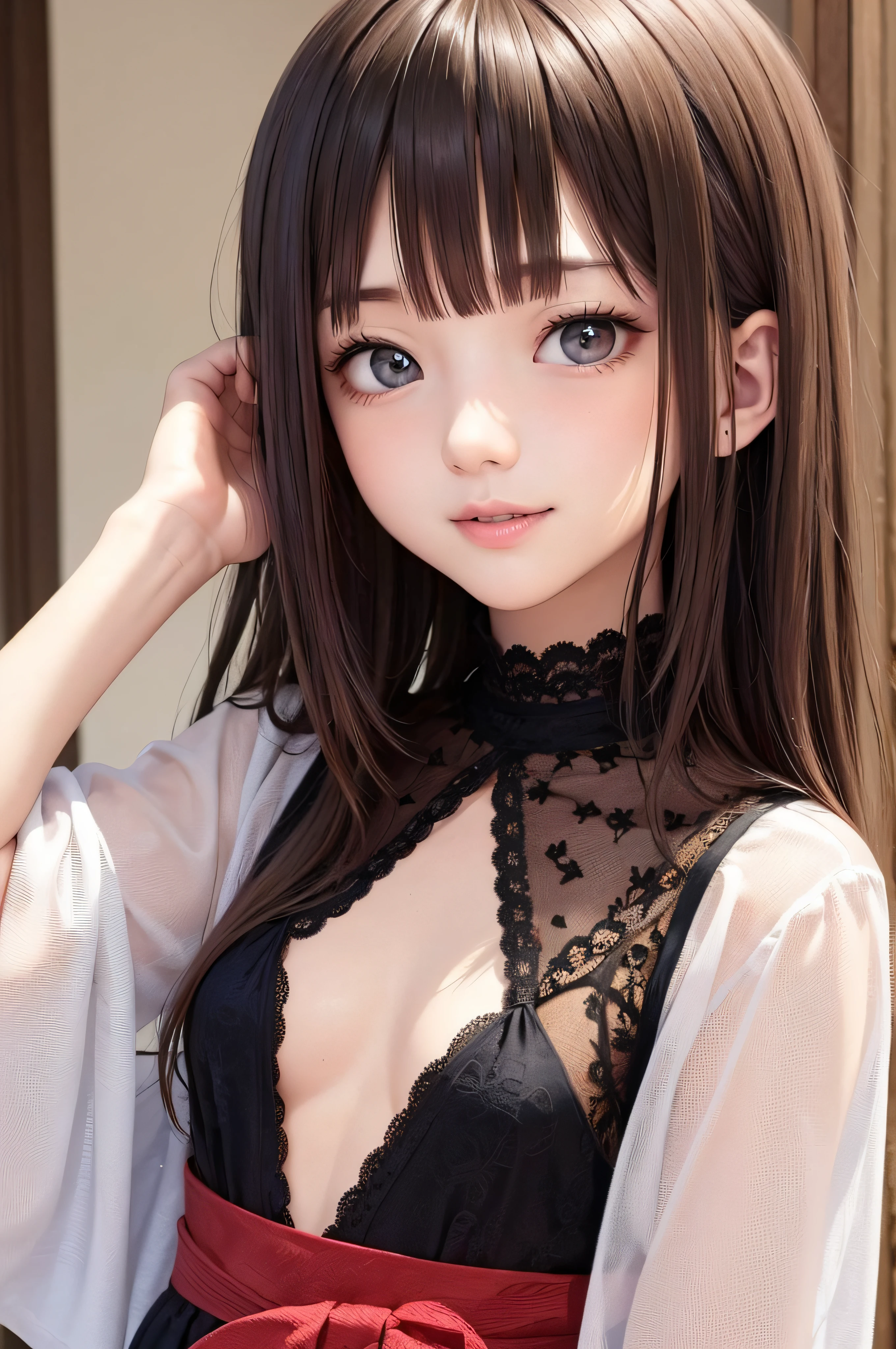 14years、a beauty girl、brown haired、beautidful eyes、real looking skin、small tits、(8K、masterpiece)、(reallistic、Photorealsitic)、top-quality、ighly detailed、The ultra-detailliert、Beautie、cute little、japanes、Idol、ssmile、Close-up portrait、Healthy face