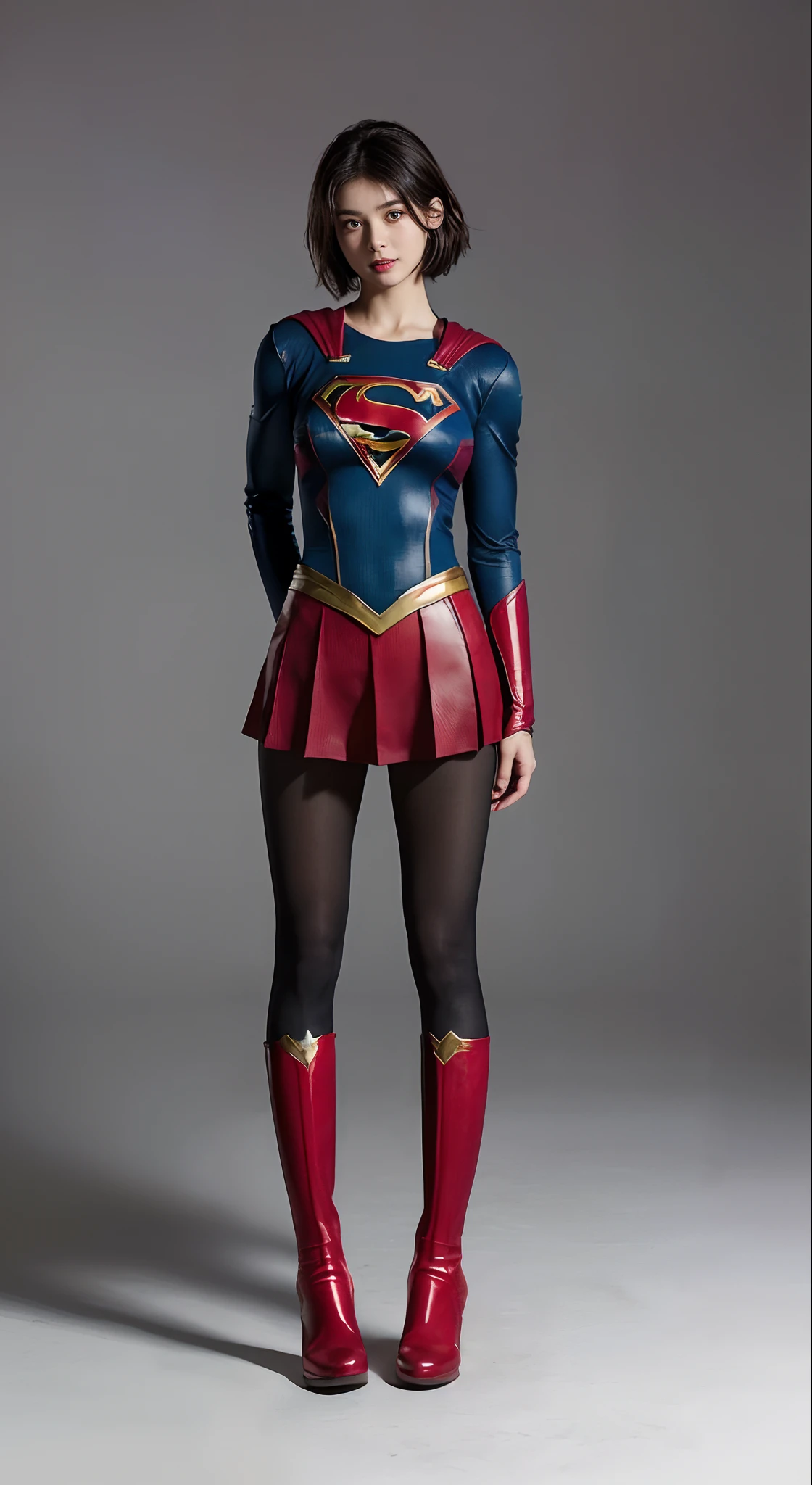 distressed look、My crotch hurts、Suffering、Done、defeated、Defeated by enemies、(((Wear black tights on your beautiful legs.)))、(((beauty legs)))、(((facial expression of smile)))、((((Make the most of the original image)))、(((Supergirl Costume)))、(((Beautiful short hair、The hair)))、(((Suffering)))、(((Feet must necessarily be worn with black tights)))、(((You need to wear red boots)))、((Top image quality、8K))、((top-quality、8K、​masterpiece:1.3))、(((Keep your background simple)))、Crisp focus:1.2、Beautiful woman with perfect body shape:1.4、Slender Abs:1.2、a wet body:1.5、Highly detailed facial and skin texture、8K