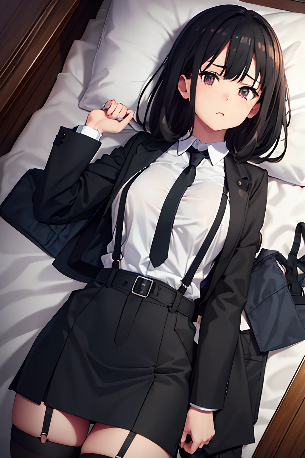 Suit,Collared shirt,Belt bag,Suspenders Black Miniskirt garterbelts knee high Stockings Black Niso Colorcon armpit sweat perspiring Side of both hands,Black jacket,Gaze,ample bosom,Armpit sweat,Exposing the armpits"Tight clothes、Cuffed、wristbands Lying in bed
