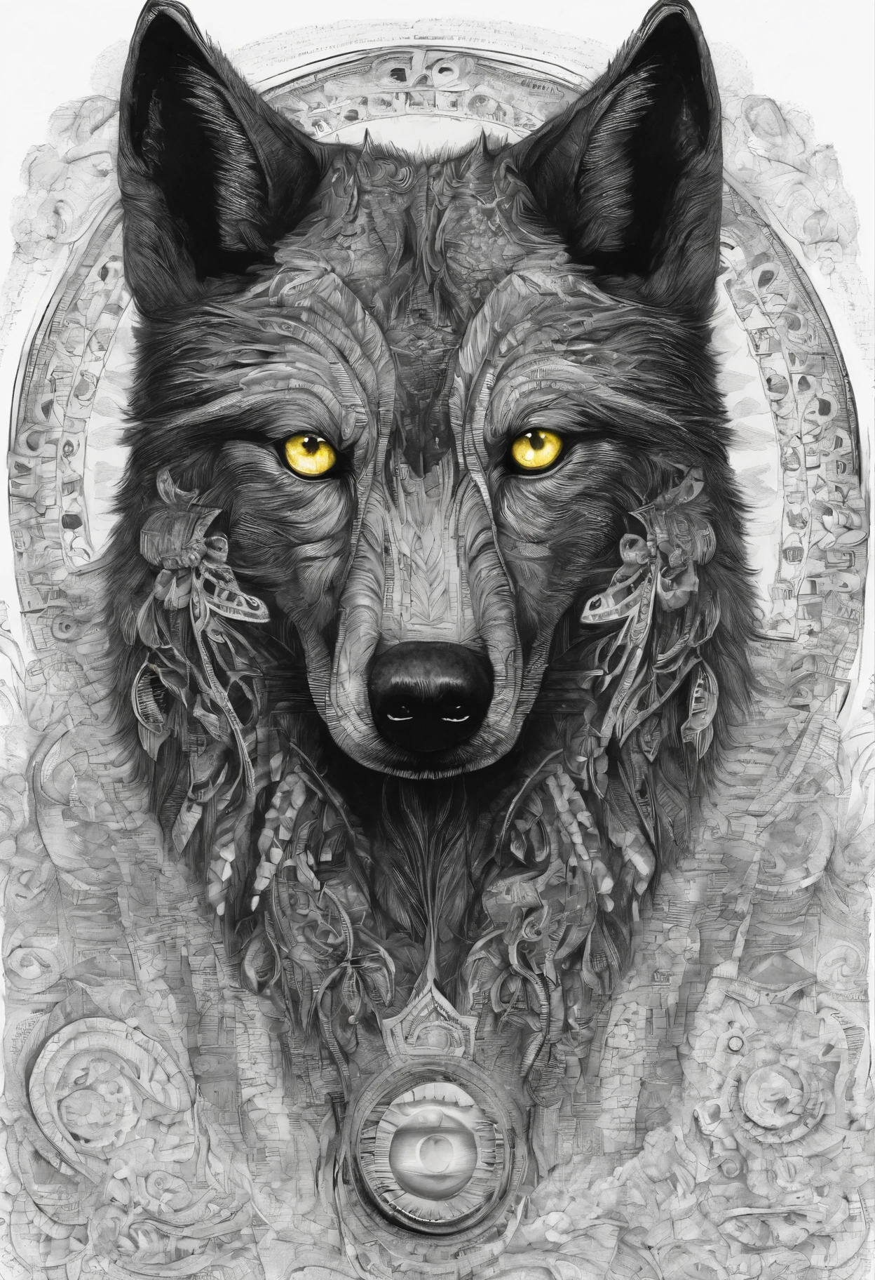 Mystical black wolf with one yellow eye and one blind eye.