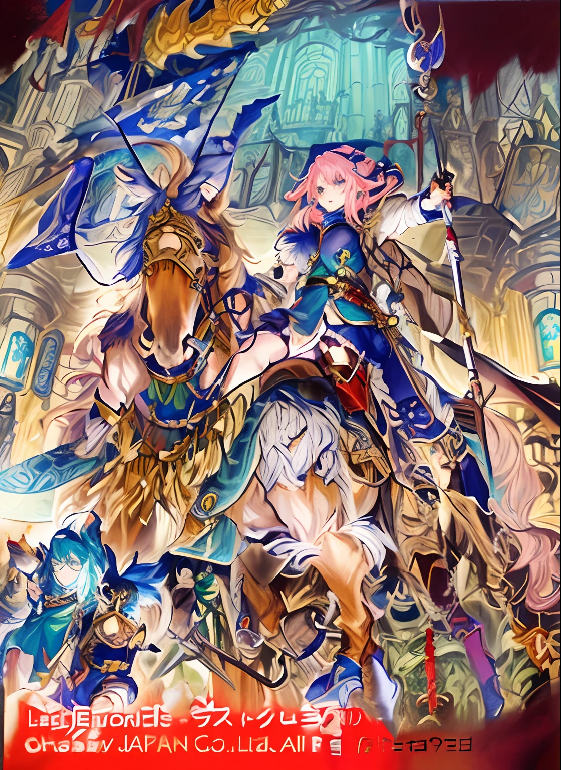 Imagen de anime de un caballero en un caballo con una bandera, Arte oficial de alto detalle, in an epic and intricate oroboros, Arte de anime clave detallado, Bastien Yoshitaka Amano, Intrincado estilo CGI de anime adornado, por Shirow Masamune, anime epic artwork, anime fantasy artwork, knights of zodiac girl, Boris Valejo. octopath traveler