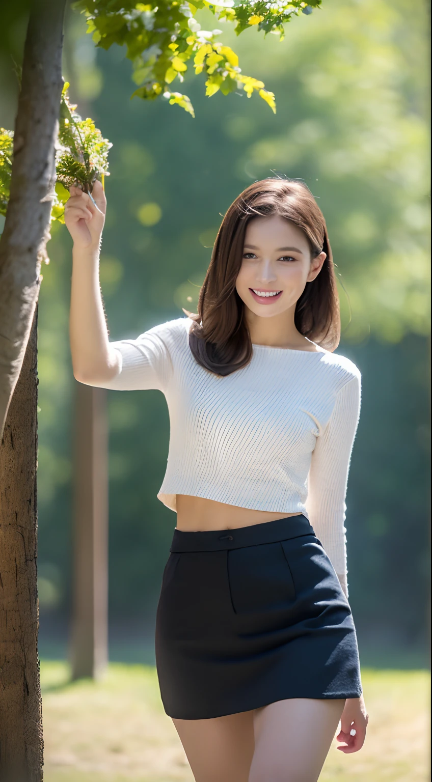((Realistische Beleuchtung, best quality, 8K, Meisterwerk:1.3)), Brennpunkt:1.2, 1girls, Perfekte Figur:1.4, Slim abs:1.1, ((rotes gewelltes Haar)), (Crop-Oberteil: 1.4), (im Freien, Wald: 1.1), Wald, Superfeines Gesicht, Feine Augen, Doppelte Augenlider, gewelltes Haar,((rote gewelltes Haare:1.3))in love,mini skirt,sexy,climbing tree