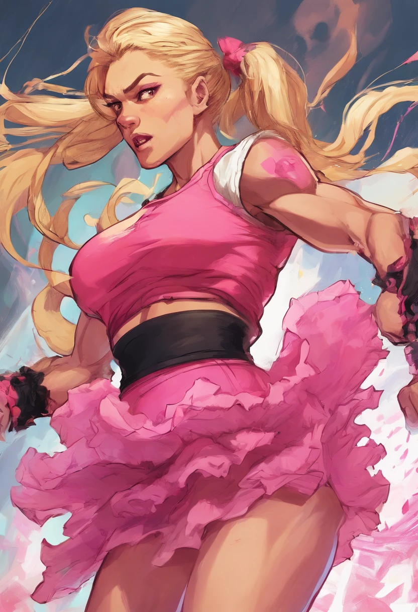 Muscular female in blonde pigtail wearing thigh stockings and a pink ruffled skirt with gym top