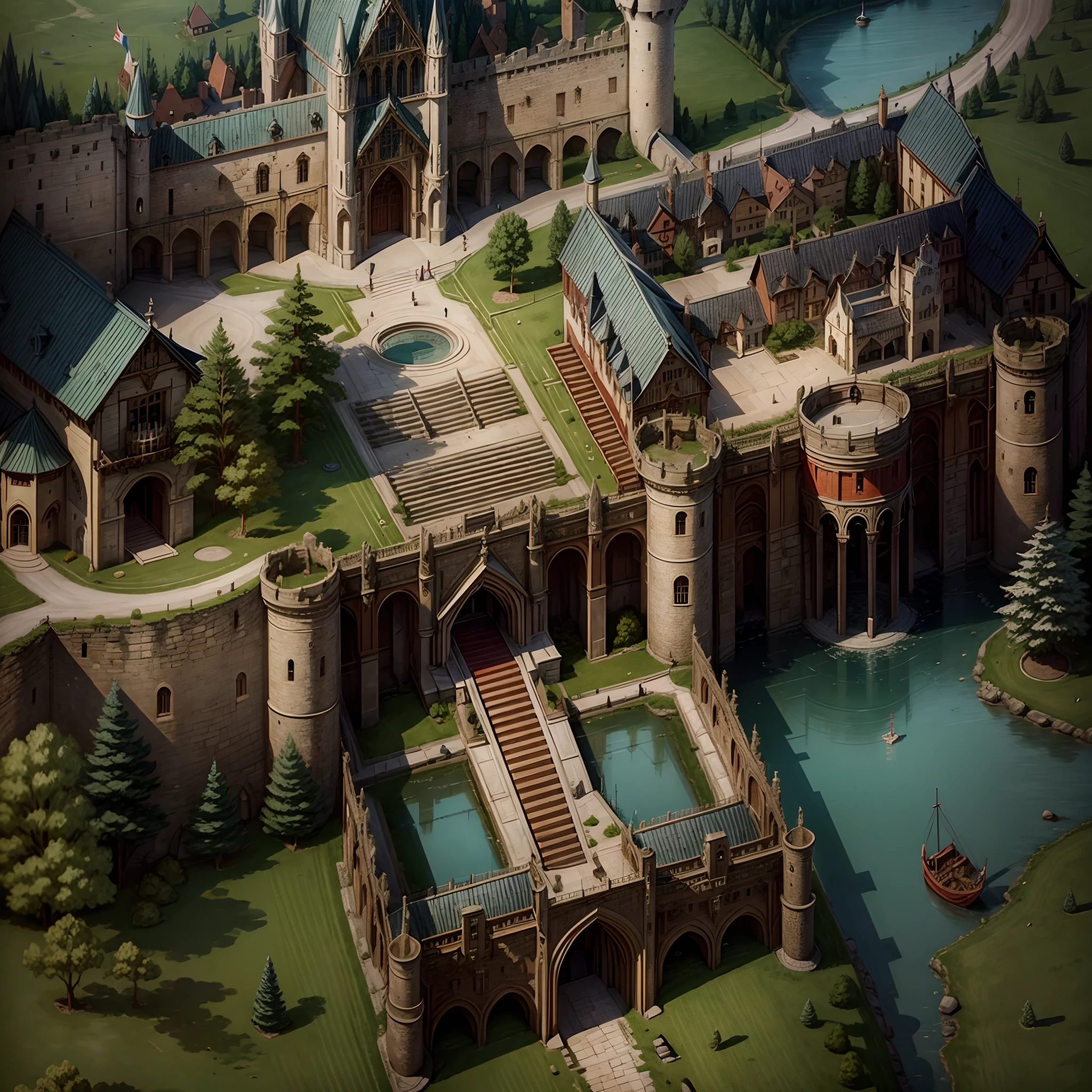 Map of the RPG maker MV, best qualtiy,medieval period,borgar,2D,lakes,(mont),Red city walls,Climb ladders,the trees,stairways,ultra - detailed,Aesthetics,tmasterpiece,best qualtiy,Castle walls