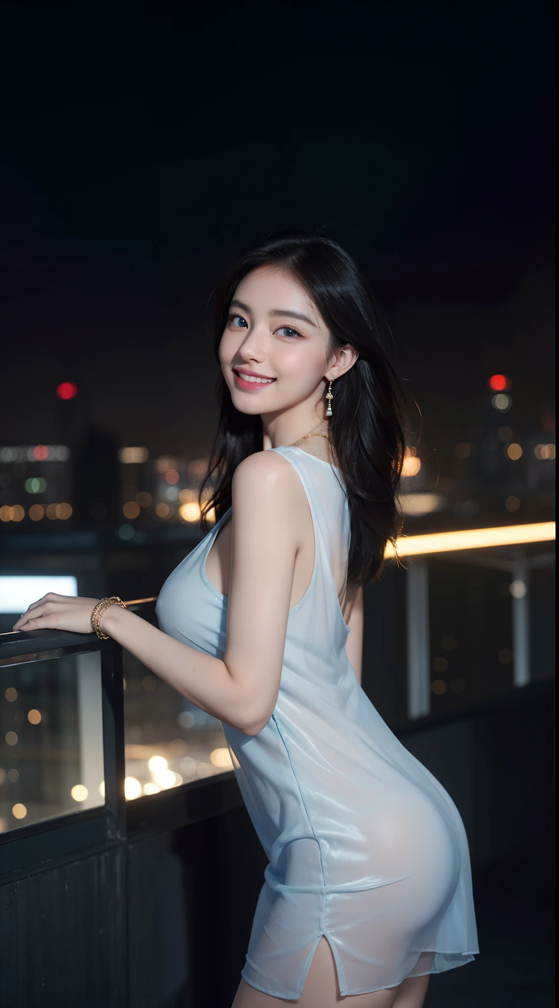 masterpiece、Mastepiece、girl、Random hairstyle、Clear eyes、Smiling at the audience、Perfect proportions、full body shot、Random clothes、Sexy pose、The background is the cityscape