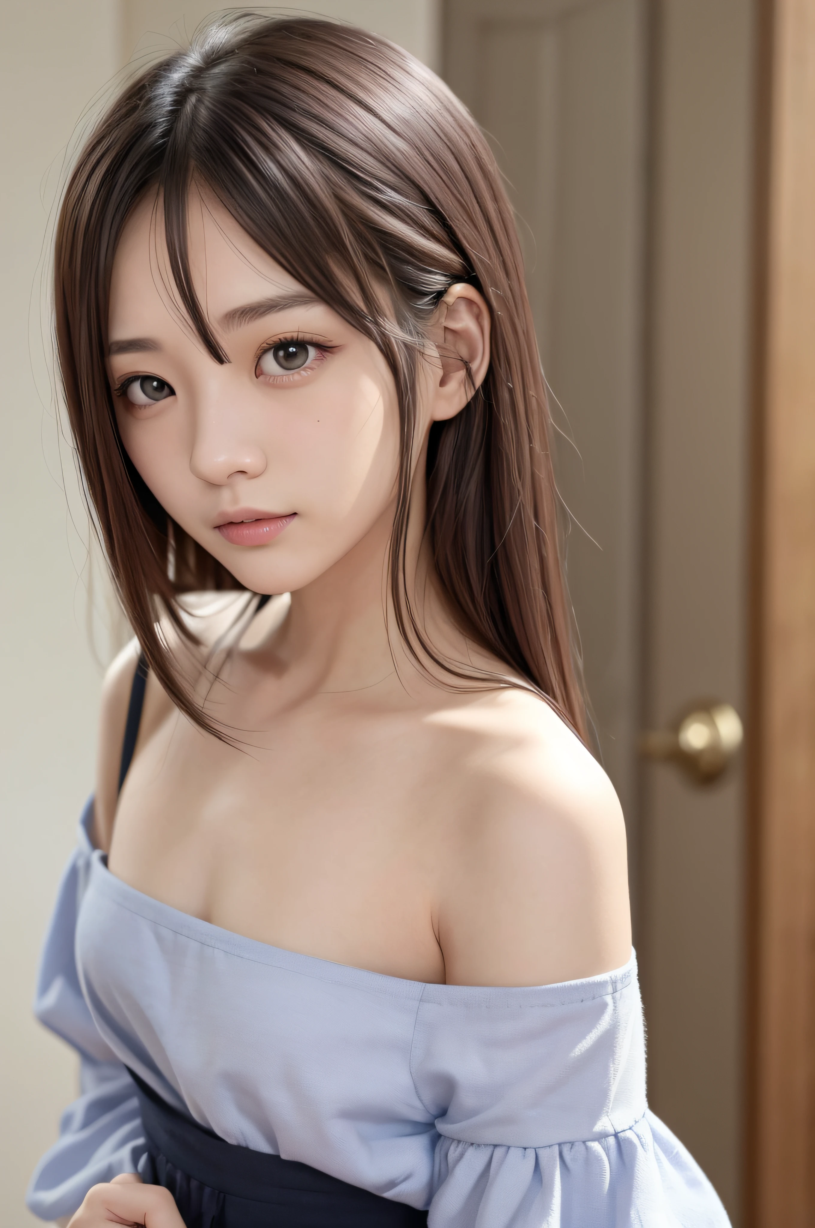 14years、a beauty girl、brown haired、beautidful eyes、real looking skin、small tits、(8K、masterpiece)、(reallistic、Photorealsitic)、top-quality、ighly detailed、The ultra-detailliert、Beautie、cute little、japanes、Idol、ssmile、Close-up portrait、Healthy face