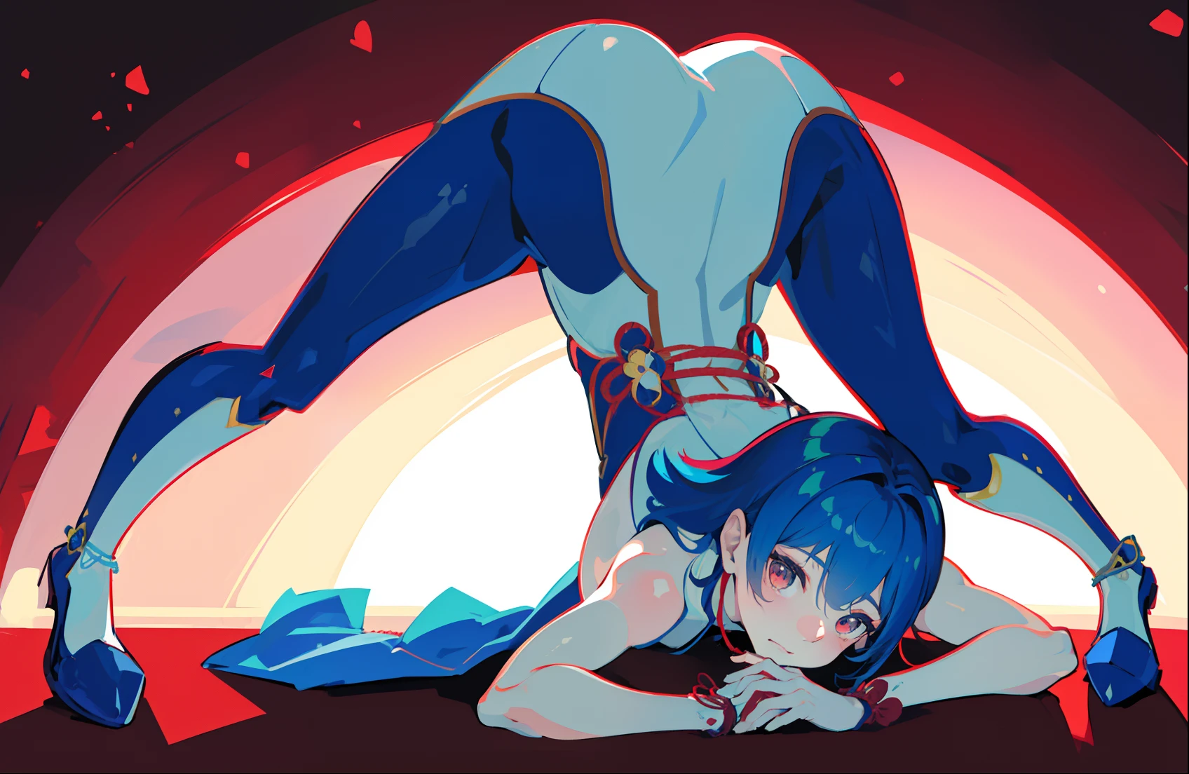 Ganyu de /(Impacto de Genshin\),sentada en la cama, pechos exageradamente grandes, medias cortas,