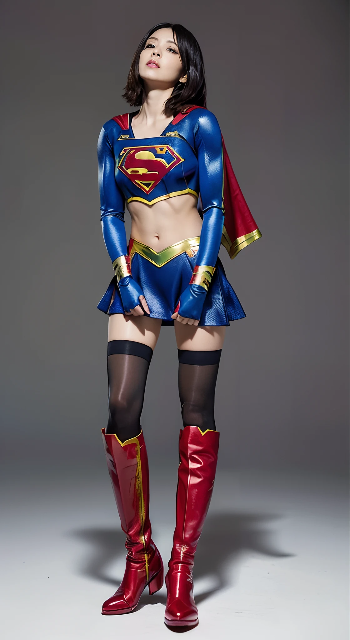 japanes、Cute Beautiful Girl、closing eye、fainting、distressed look、My crotch hurts、Suffering、Done、defeated、Defeated by enemies、(((Wear black tights on your beautiful legs.)))、(((beauty legs)))、(((Painful look)))、((((Make the most of the original image)))、(((Supergirl Costume)))、(((Beautiful short hair、The hair)))、(((Suffering)))、(((Feet must necessarily be worn with black tights)))、(((You need to wear red boots)))、((Top image quality、8K))、((top-quality、8K、​masterpiece:1.3))、(((Keep your background simple)))、Crisp focus:1.2、Beautiful woman with perfect body shape:1.4、Slender Abs:1.2、a wet body:1.5、Highly detailed facial and skin texture、8K、Keep your background simple