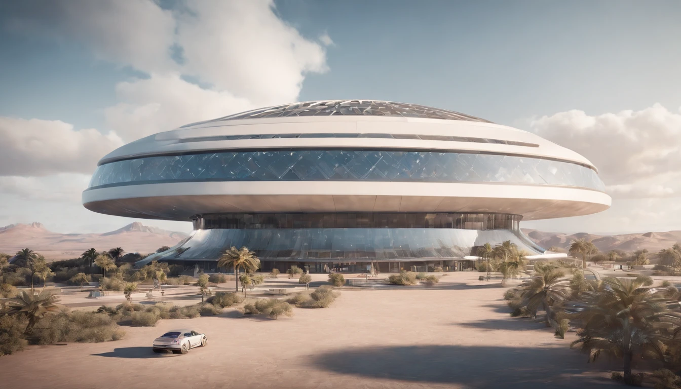 Rendering of futuristic building with curved roof and sky background, Surreal sci-fi architecture, The concept of futuristic architecture, 3 d render beeple, beeple rendering, Detailed futuristic architecture, Futuristic casino, Futuristic outpost building, Futuristic architectural art, Stationation and beeple high, Futuristic spaceport, futuristic palace, Futuristic building