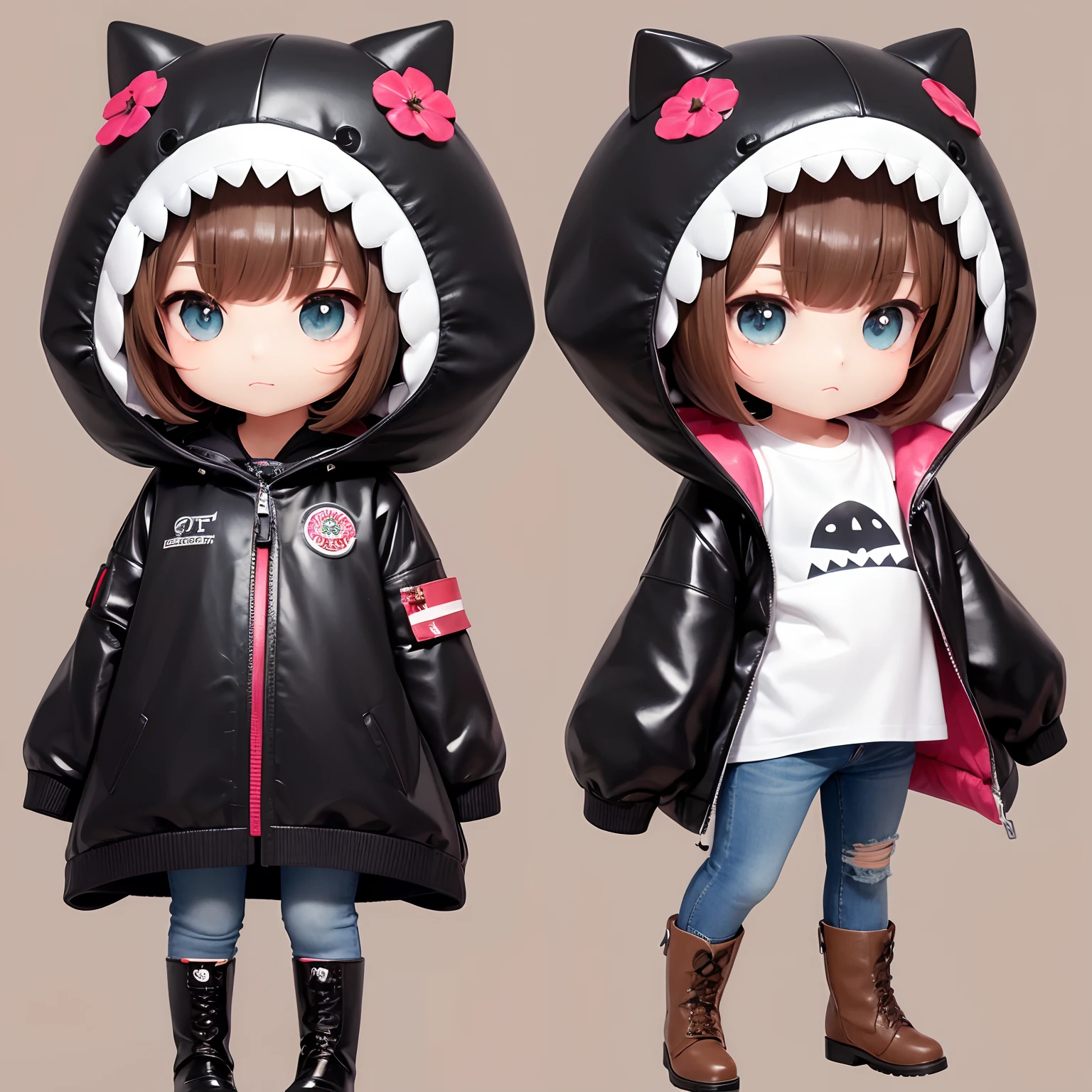 nendoroid,Chibi, ((full body Esbian)), Shark Hat,One girl in black leather raincoat with patch pockets, T-shirt Printed Hibiscus,Wearing jeans, In boots,brown haired, Hairstyle Bob,with brown eye,combat pose, estilo chibi, white backgrounid,