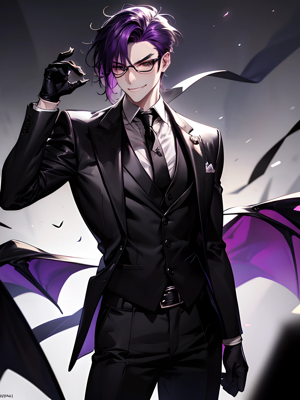 1 male,, 26 year old, masculine, Messy purple hair, Attractive, Black rectangular glasses, Black Detective Suit, Black tie, White shirt, Black belt, Black pants, long big eyes of green color,,,,, Smirk, Mischievous, gloves, Trending on ArtStation, 8K resolution, Highly detailed, Anatomically correct, Sharp Image, Digital Painting, Concept art,Vampires、vampire