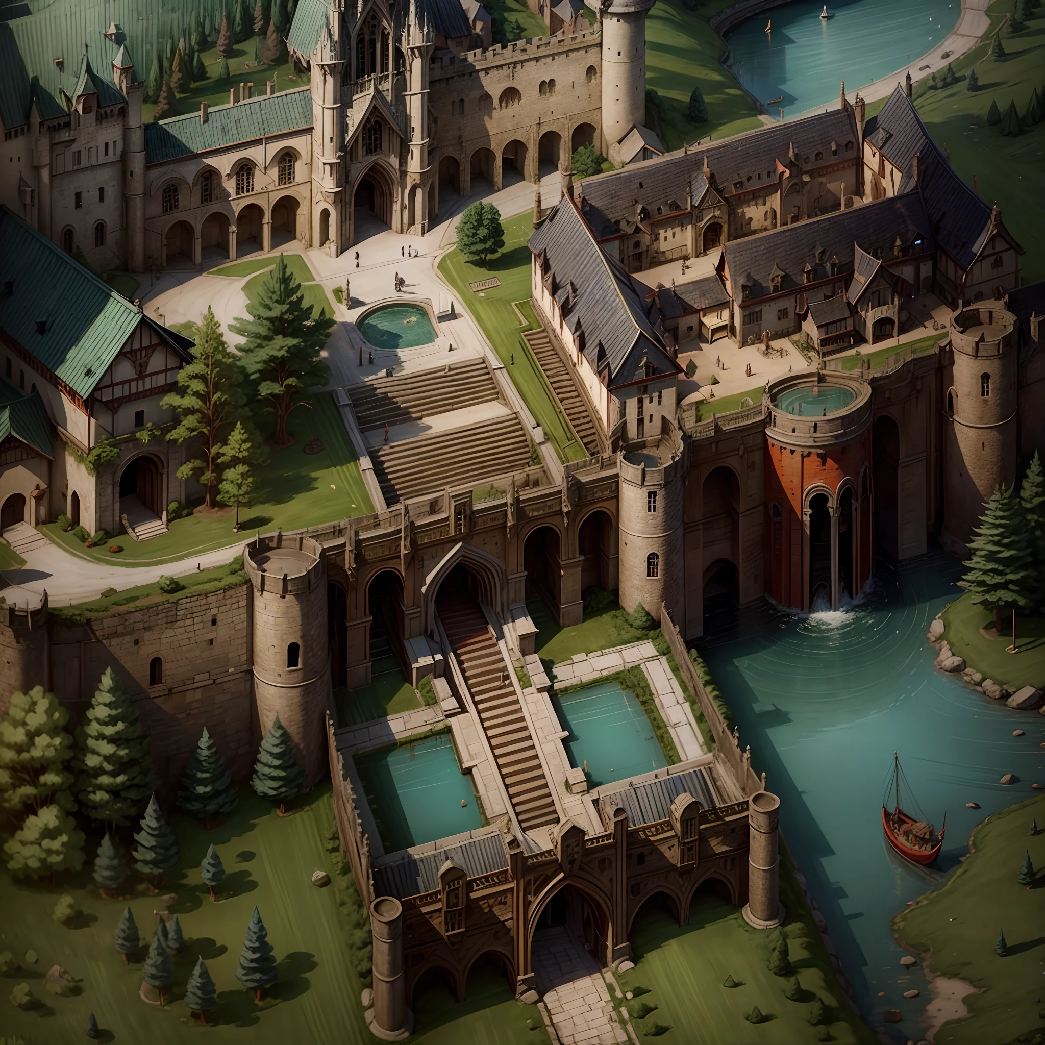 Map of the RPG maker MV, best qualtiy,medieval period,borgar,2D,lakes,(mont),Red city walls,Climb ladders,the trees,stairways,ultra - detailed,Aesthetics,tmasterpiece,best qualtiy,Castle walls