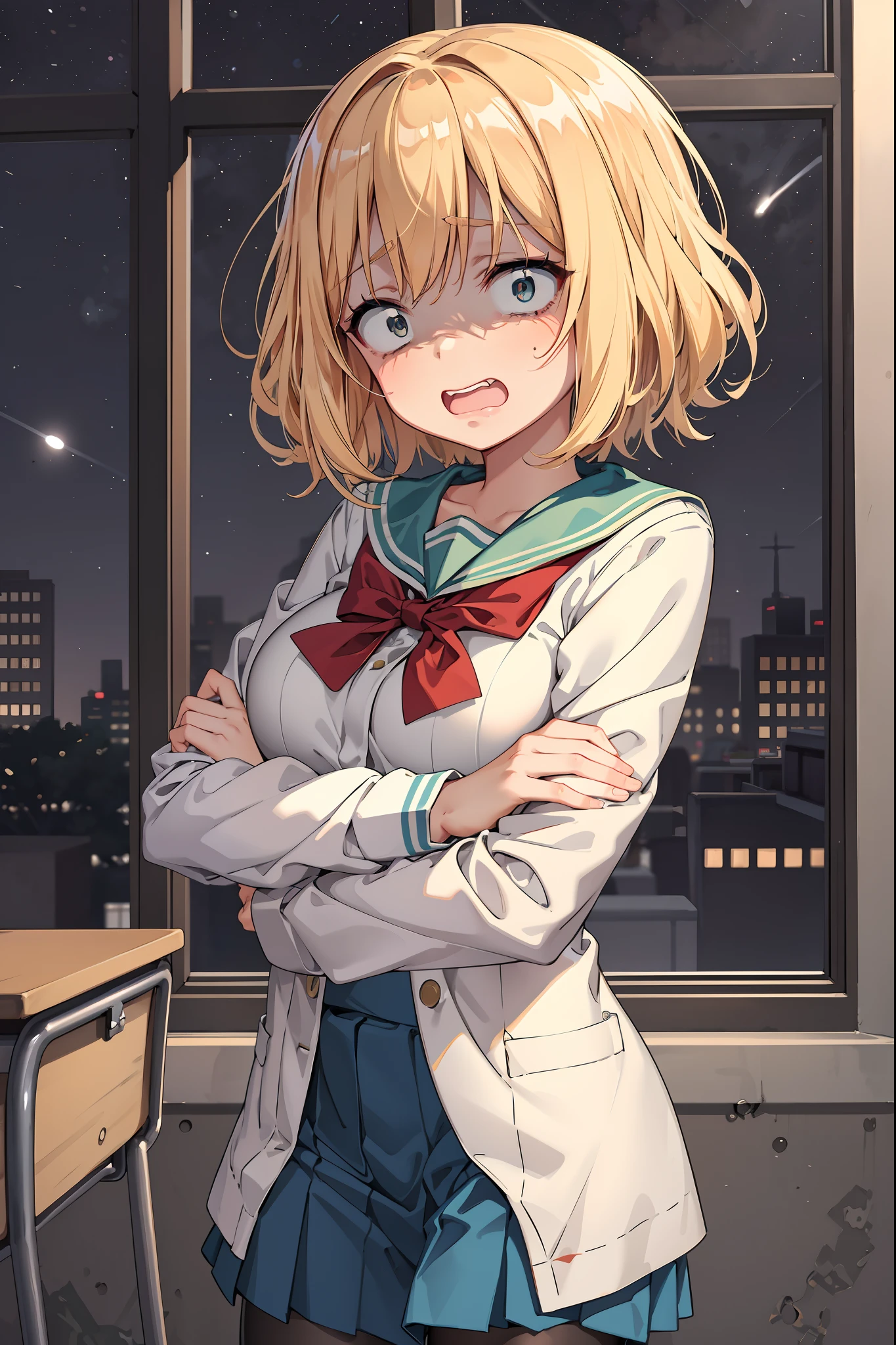 scared expression open mouth clenched teeth, anime girl with short white hair in school uniform, pantyhose, night