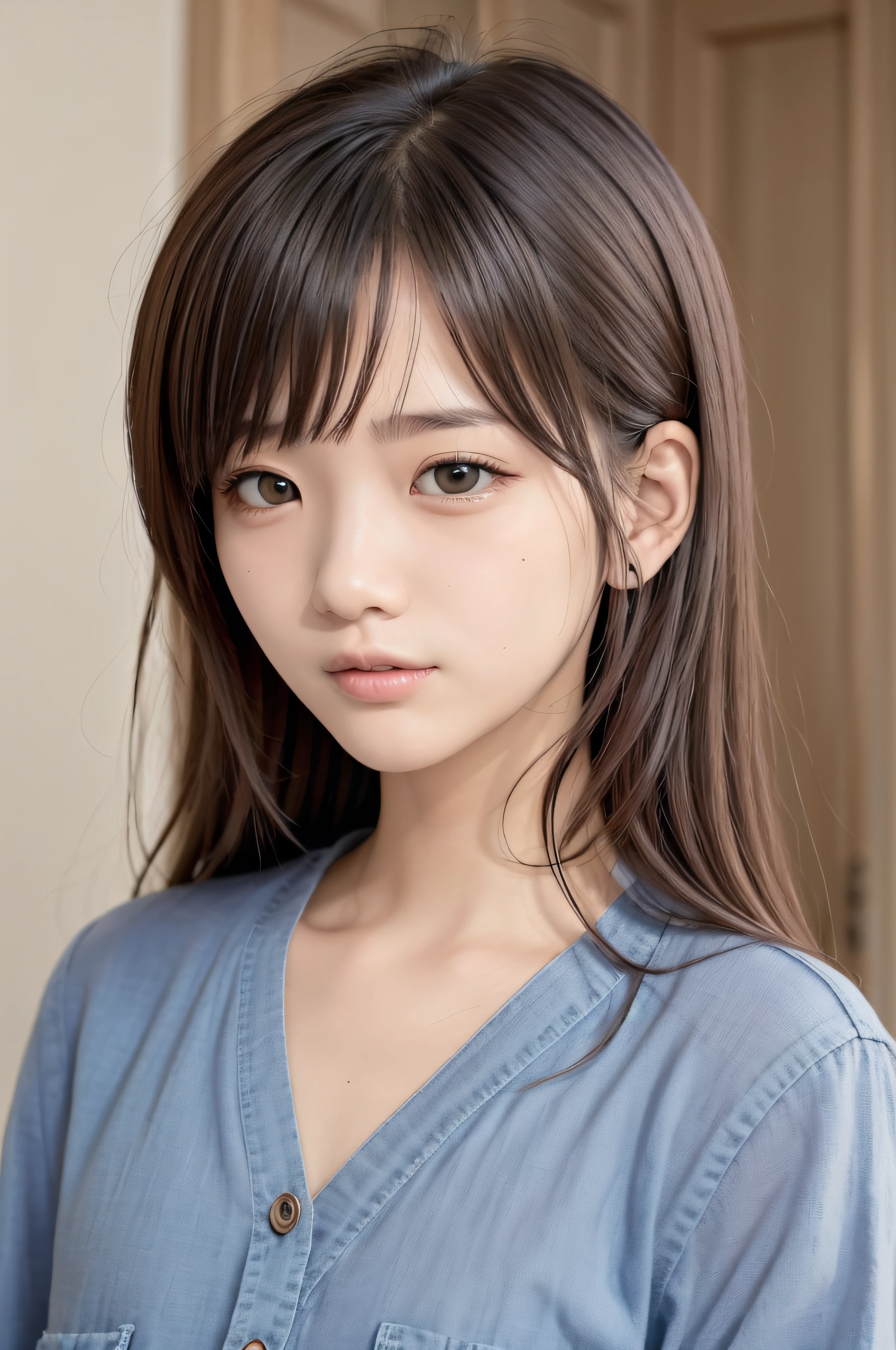 ars、a beauty girl、brown haired、beautidful eyes、real looking skin、small tits、(8K、​masterpiece)、(reallistic、Photorealsitic)、top-quality、ighly detailed、The ultra-detailliert、Beautie、cute little、japanes、Idol、ssmile、Close-up portrait、Healthy face