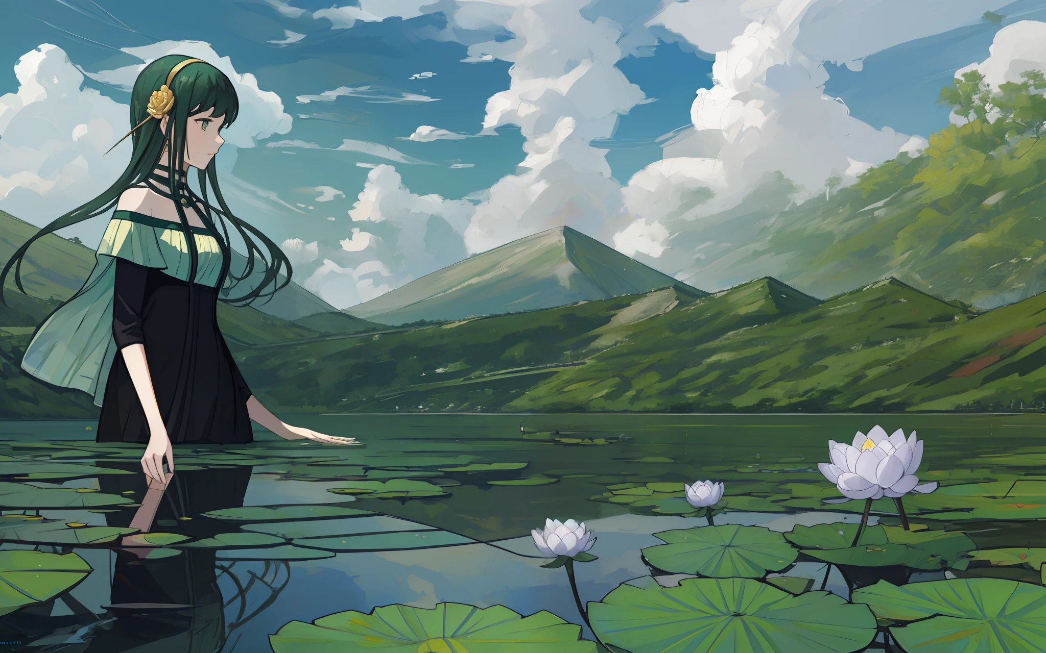 In the foreground is a lake,There are water lilies and lotus leaves in the lake,Green mountains,with blue sky and white clouds,Gipley style,2-dimensional,Celluloid,illustration,Nature views,ventania,夏天,Bright tones,rays of sunshine,teens girl ,yor briar,Black dress