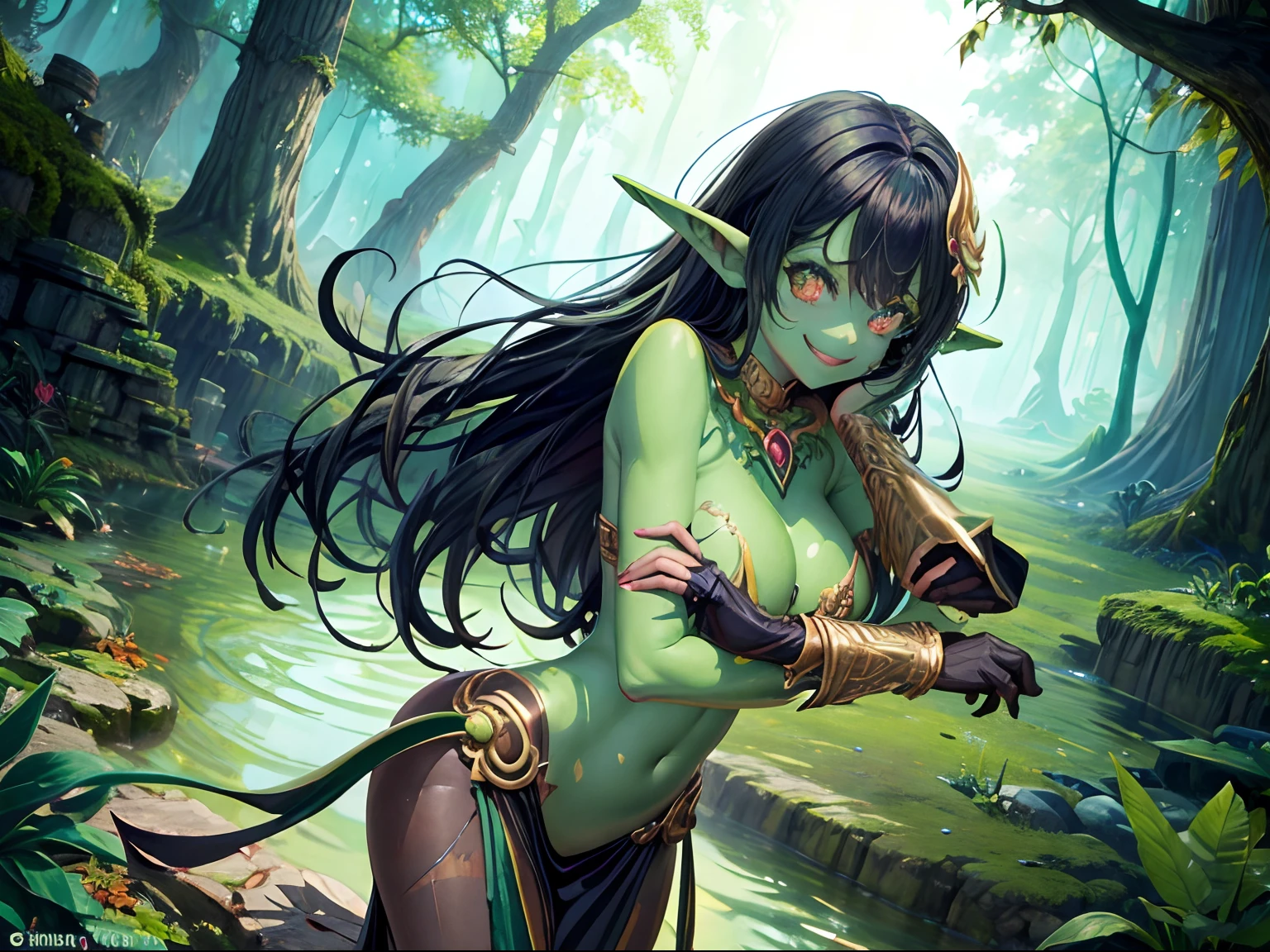Gorgeous goblin girl with green skin big pointy ears and captivating smile. Wears earthy tribal attire that clings to her voluptuous feminine body and black boots. She explores a whimsical swamp on a golden lit autumn day