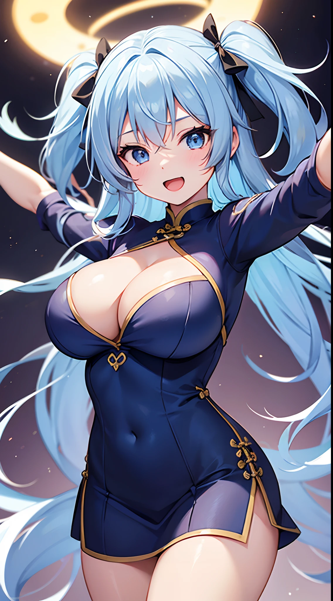 1 girl, game CG, short cheongsam, showing cleavage, string hair ribbon, gigantic breasts, light blue hair, middle hair, two side up, blue eyes, happy, open mouth, outstretched arms, outside,