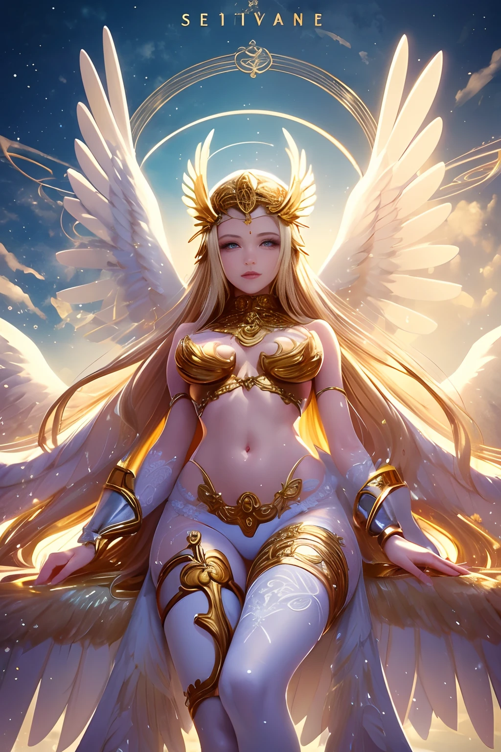 Angewomon,1girl,beautiful detailed eyes,beautiful detailed lips,extremely detailed eyes and face,longeyelashes,soft and glowing skin,serene expression, radiant smile, flowing golden hair, white feathered wings, shining halo,heavenly aura, ethereal beauty,gold and white attire,ornate and intricate design,celestial atmosphere,sacred background,divine light,angelic presence