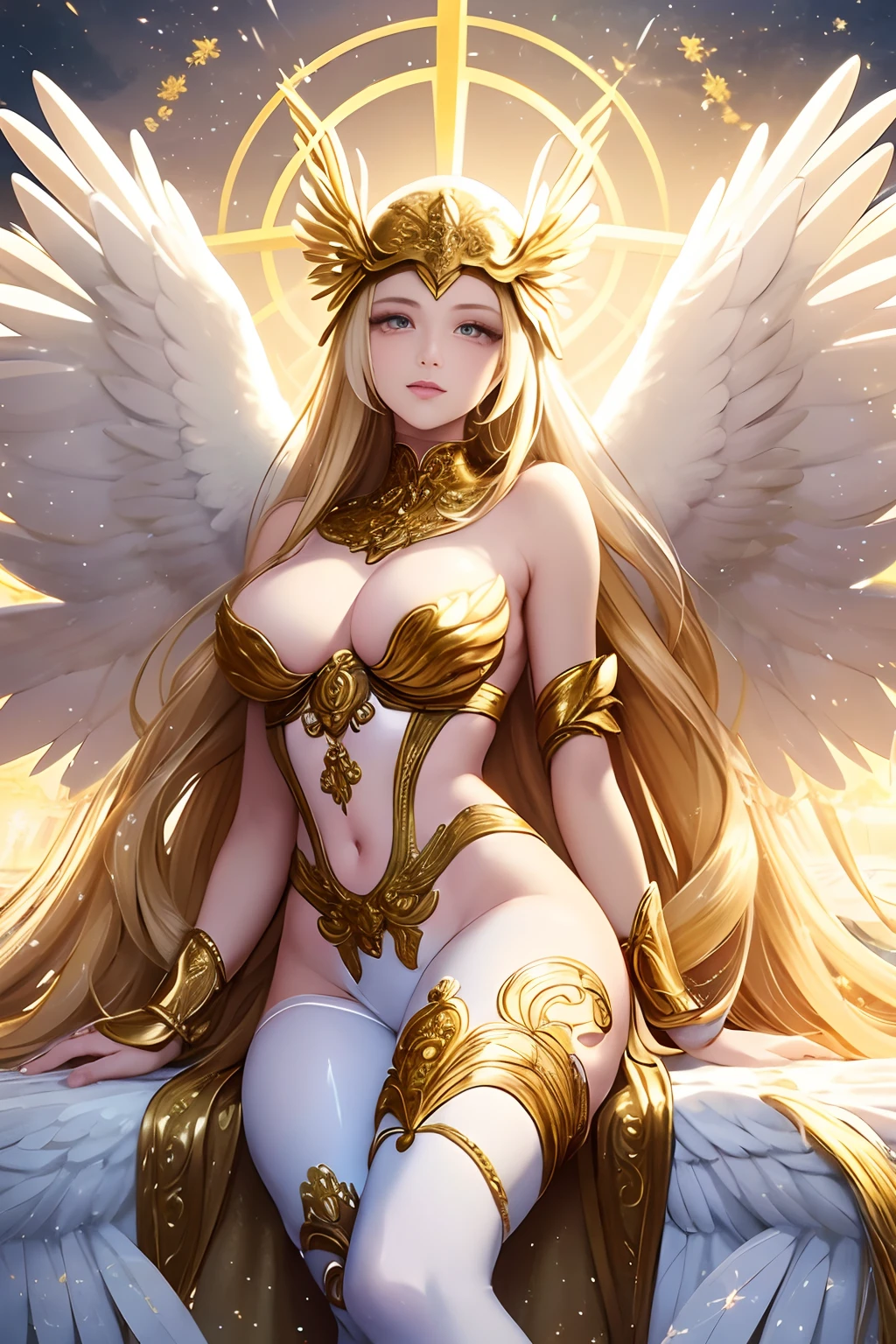 Angewomon,1girl,beautiful detailed eyes,beautiful detailed lips,extremely detailed eyes and face,longeyelashes,soft and glowing skin,serene expression, radiant smile, flowing golden hair, white feathered wings, shining halo,heavenly aura, ethereal beauty,gold and white attire,ornate and intricate design,celestial atmosphere,sacred background,divine light,angelic presence