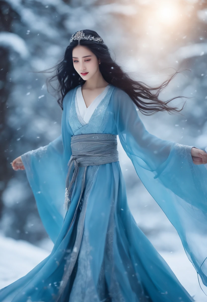 Best quality, 4K picture quality, 1girl, Nadia, blue eyes, blue Hanfu, snow, long black hair fluttering in the wind, healing smile, large aperture, blurred background, superpowered girl, frost Giants, frost elemental