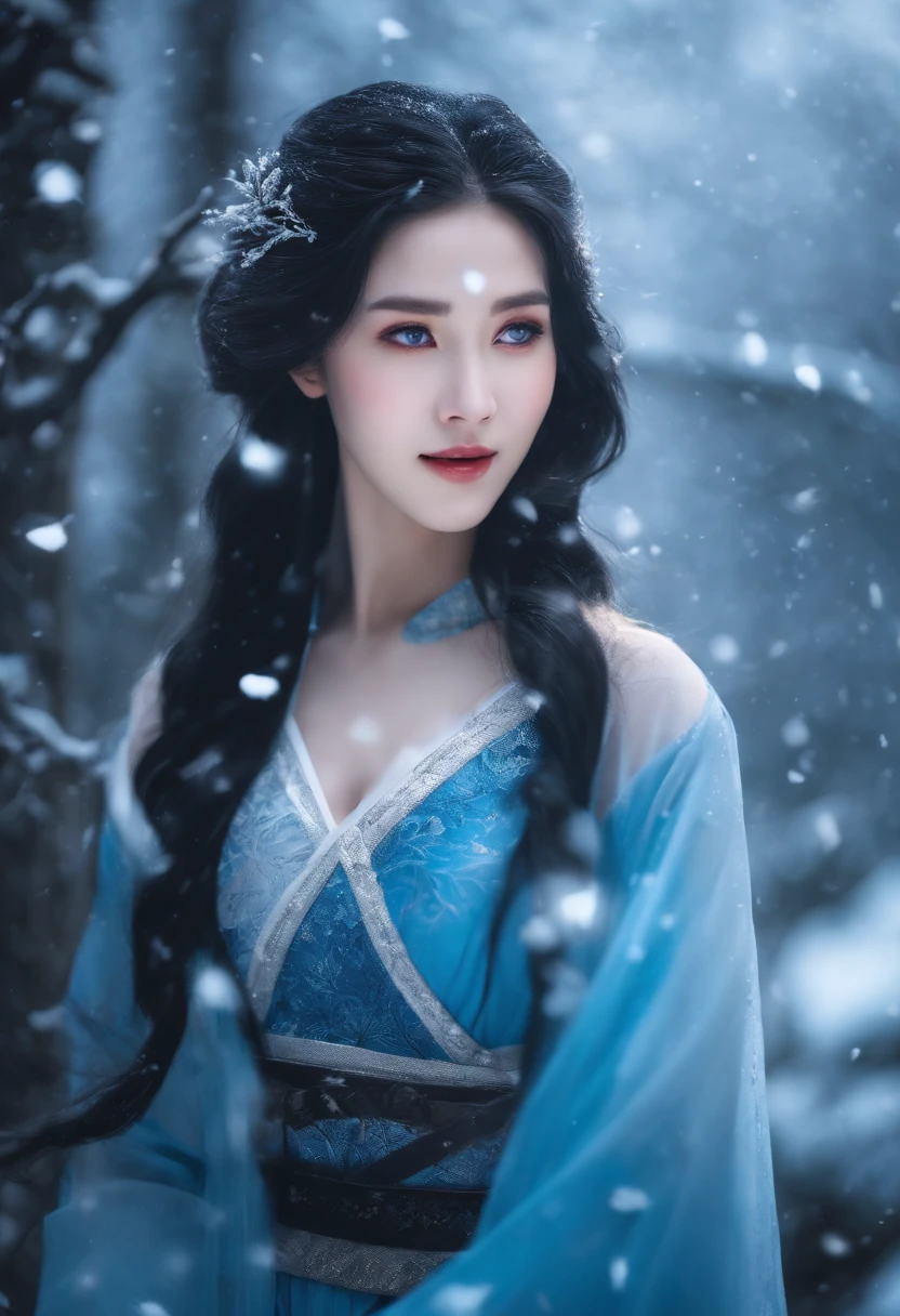 Best quality, 4K picture quality, 1girl, Nadia, blue eyes, blue Hanfu, snow, long black hair fluttering in the wind, healing smile, large aperture, blurred background, superpowered girl, frost Giants, frost elemental