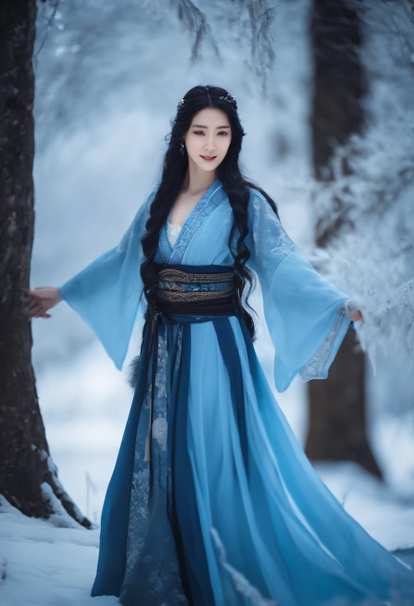 Best quality, 4K picture quality, 1girl, Nadia, blue eyes, blue Hanfu, snow, long black hair fluttering in the wind, healing smile, large aperture, blurred background, superpowered girl, frost Giants, frost elemental