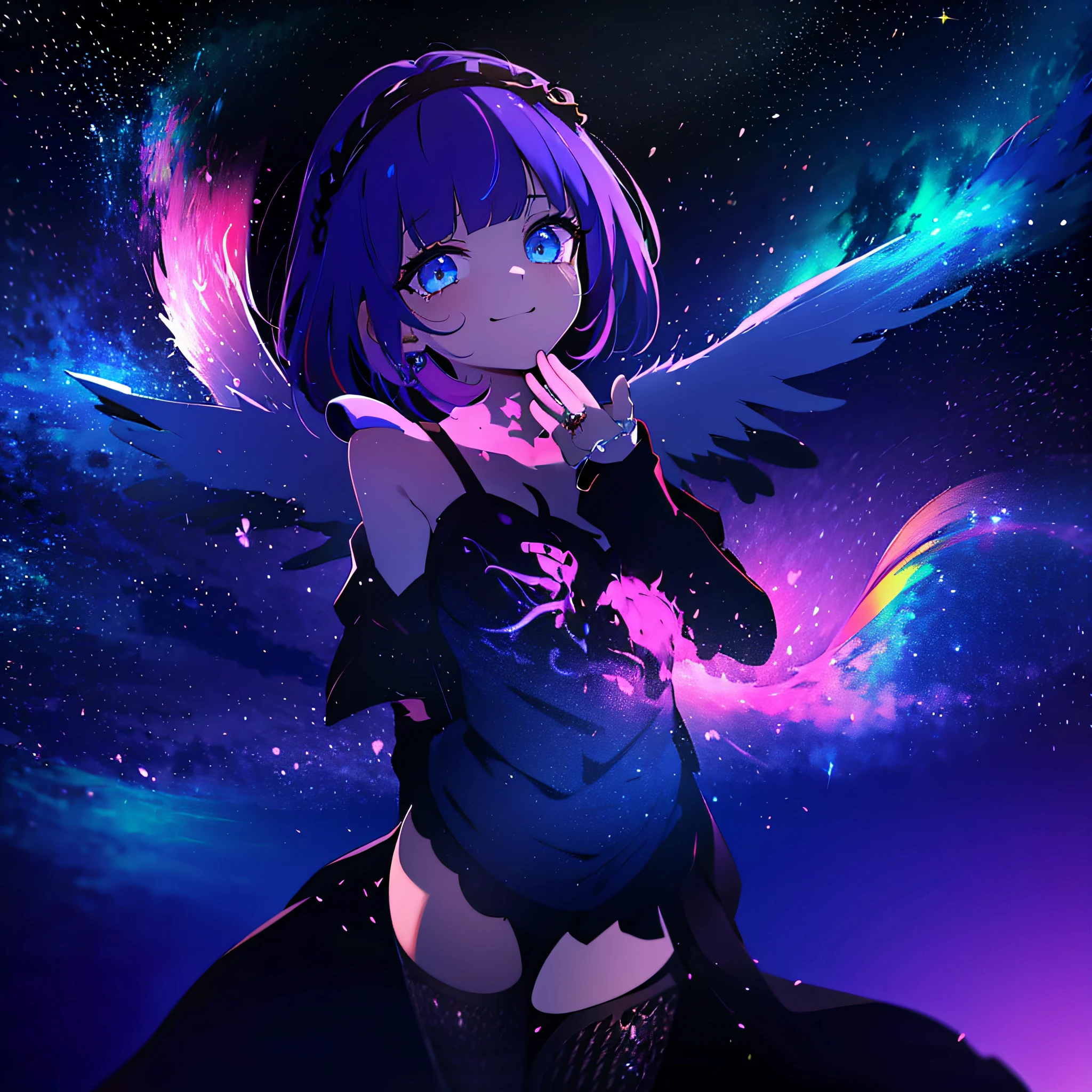 masutepiece:1.3), (Best Quality:1.3), High resolution, Couboy Shot, on back,Superb view、(One Cute Girl:1.3), Solo, huge smile、A ring of iridescent angels hovers above my head、Angel Ring、maid clothes、Eight-headed body、with full of stars、Meteor swarm、Beautiful cityscape、Colorful starry sky、Pretended dress、crouching down、Model Standing、cross one's legs、Focus on eye brightness、yogapose、Purple hair, (bobhair:1.2), Mixed mesh and light blue、short braid and hair, (Blunt bangs:1.2), Beautiful hair, Eyes are purple, Miraculous Eye、Close your eyes with all your might、Light from the eyes、Eyes are closed(1:4)Beautiful detailed eyes, ultradetailed eyes、Glitter eyes,from the rear、yoga、Colorful starry sky,Stars,Iridescent aura around the eyes、Raise your hand to stretch、Lie down and stick your hips out、Iridescent eyes、Narrowed eyes sucked in,Wearing a rainbow-colored aura from the whole body、 Shadow lighting,perfectbody