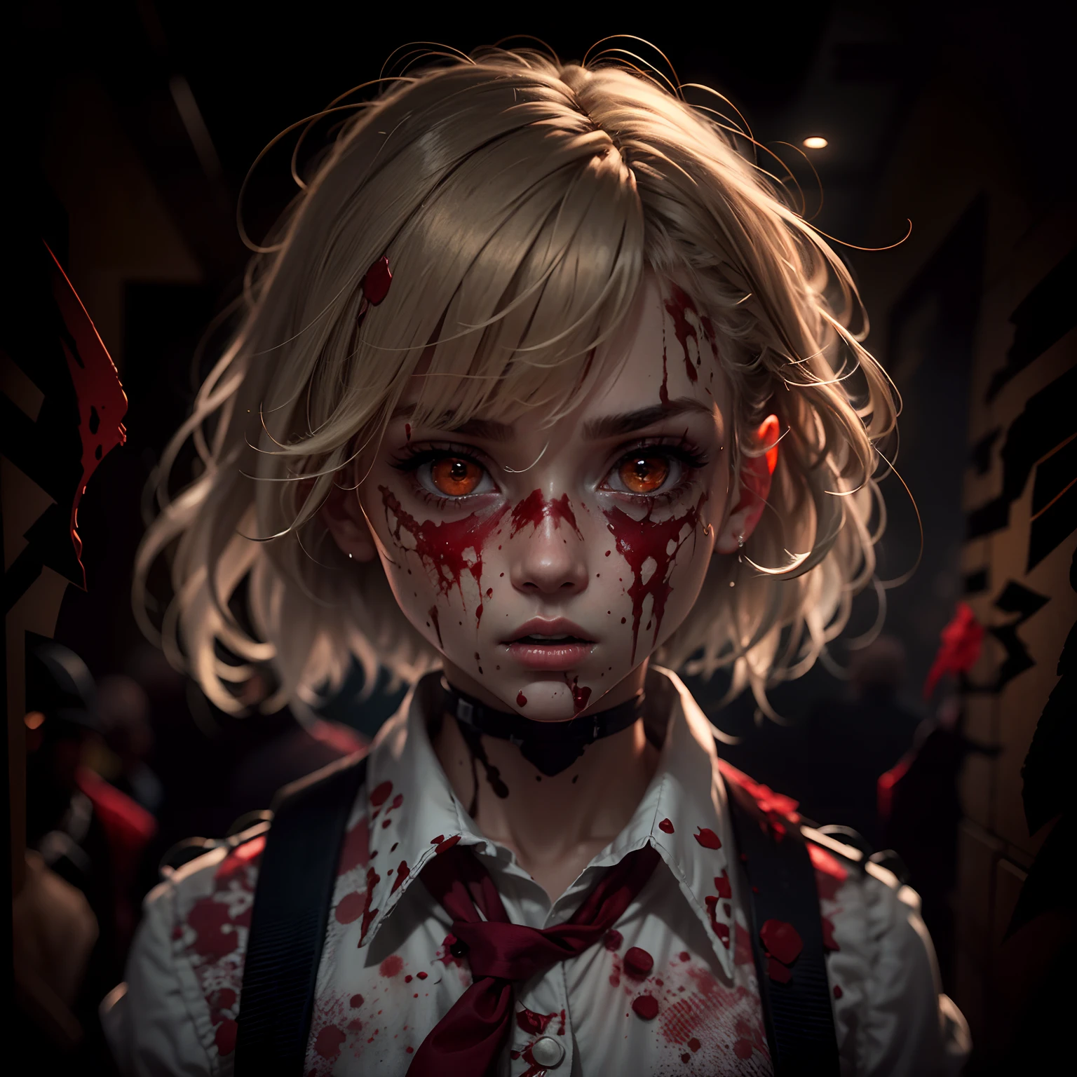(black background, highres:1.2, realistic, ultra-detailed, horror:1.1, dramatic lighting:1.1), a blonde girl with brown eyes wearing a school uniform, her eyes wide with a surprised look, blood splattered all over her face and uniform. The dark color tones intensify the horror atmosphere, with shadows adding depth to the scene. The lighting casts dramatic shadows, emphasizing the eerie and suspenseful ambiance.