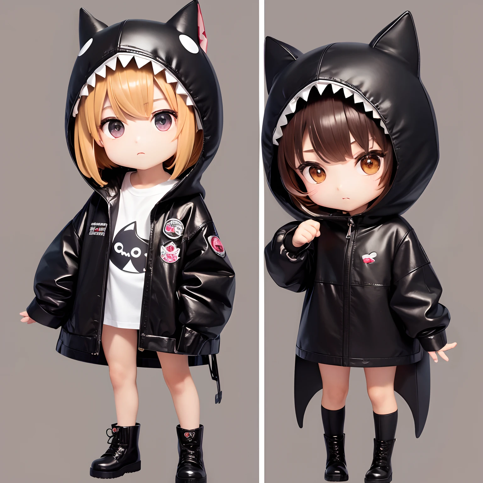 Chibi, ((full body Esbian)), Shark Hat,One girl in black leather raincoat with patch pockets, Wearing jeans, In boots,brown haired, Hairstyle Bob,with brown eye,combat pose, estilo chibi, white backgrounid,