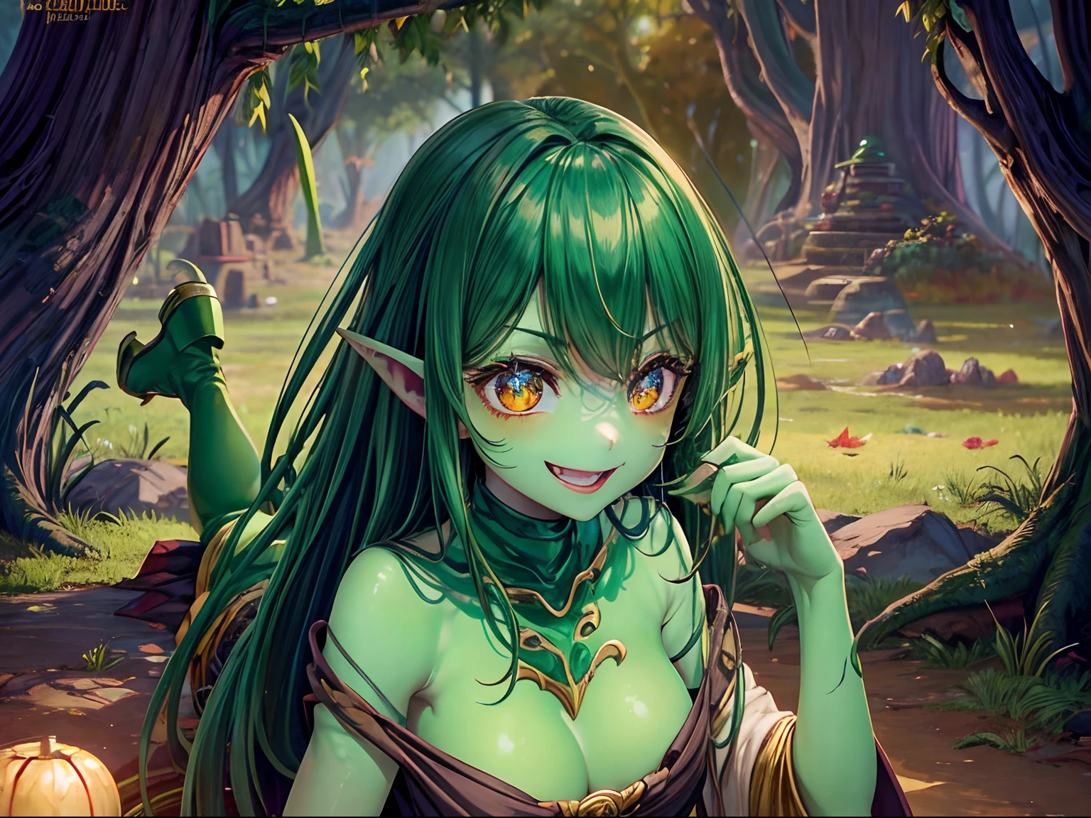 Gorgeous goblin girl with green skin big pointy ears and captivating smile. Wears earthy tribal attire that clings to her voluptuous feminine body and black boots. She explores a whimsical swamp on a golden lit autumn day