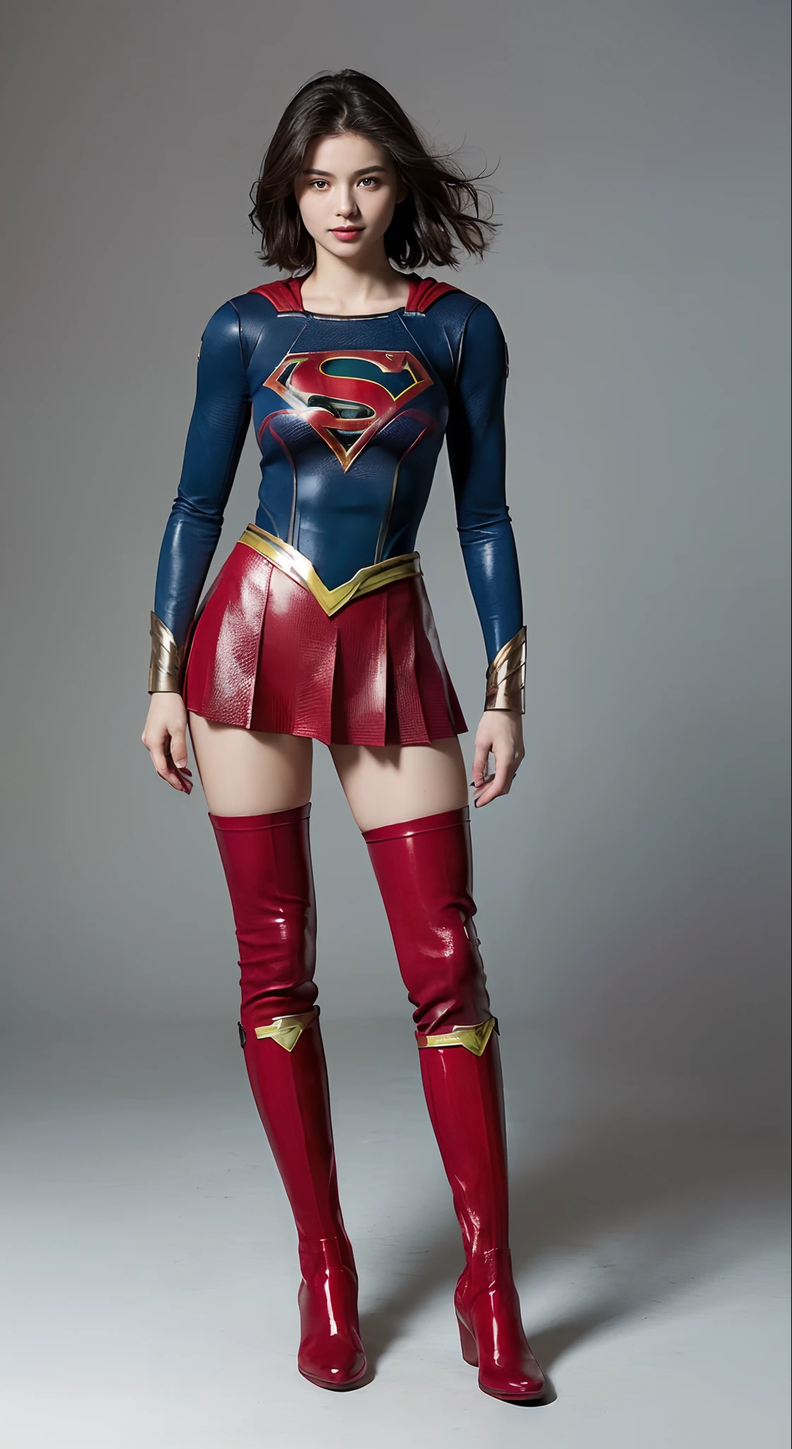 distressed look、My crotch hurts、Suffering、Done、defeated、Defeated by enemies、(((Wear black tights on your beautiful legs.)))、(((beauty legs)))、(((facial expression of smile)))、((((Make the most of the original image)))、(((Supergirl Costume)))、(((Beautiful short hair、The hair)))、(((Suffering)))、(((Feet must necessarily be worn with black tights)))、(((You need to wear red boots)))、((Top image quality、8K))、((top-quality、8K、​masterpiece:1.3))、(((Keep your background simple)))、Crisp focus:1.2、Beautiful woman with perfect body shape:1.4、Slender Abs:1.2、a wet body:1.5、Highly detailed facial and skin texture、8K