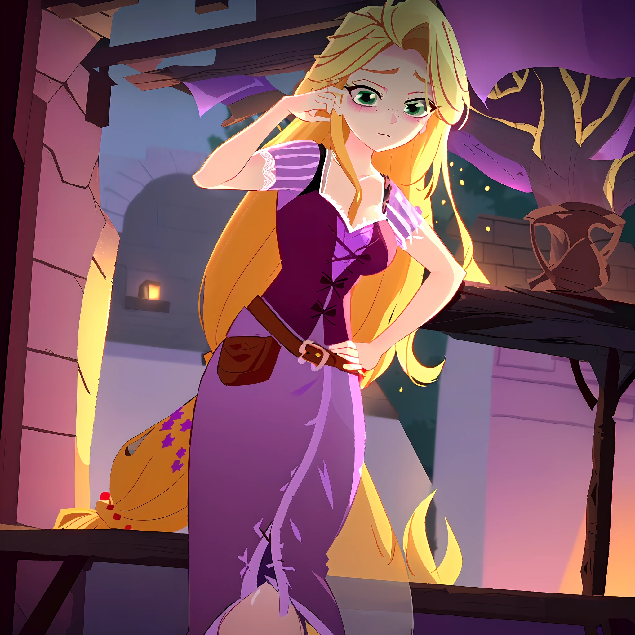 Rapunzel was robbed and beaten outside of a forest cabinet, and had endured hours of pain, beatings, slashes, gun shots, and blows. Now she just stares out at the sunset, green eyes barely open, and unable to pick herself up or breath easily hoping for someone to save her. (Rapunzel, big breasts: 1.4), (tattered, ripped, shredded purple lace dress: 1.9), (dishelved long blond hair: 1.4), Rapunzel comatose and on a porch: 1.2), Rapunzel scarred, bruised, and exhausted: 1.9), (Rapunzel has a miserable and painful facial expression: 1.8), (Rapunzel stick on her back and her head looking to the  right: 1.9), (detailed Rapunzel character: 1.9), (close up view: 1.9), (brutal environment: 1.6), (pieces of the dress torn off: 1.9)