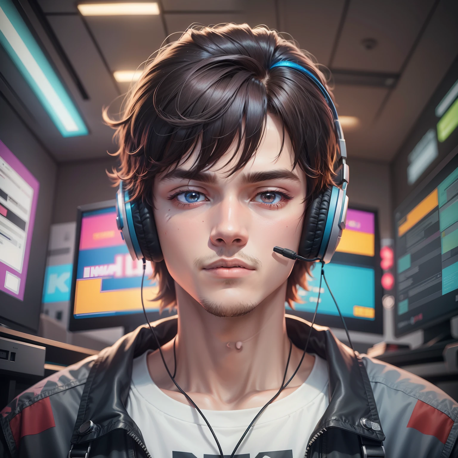 a man, 20 years old, gamer, streamer, he's using a headset, pov, 1990 anime style, high quality, 8k, vibrant colors