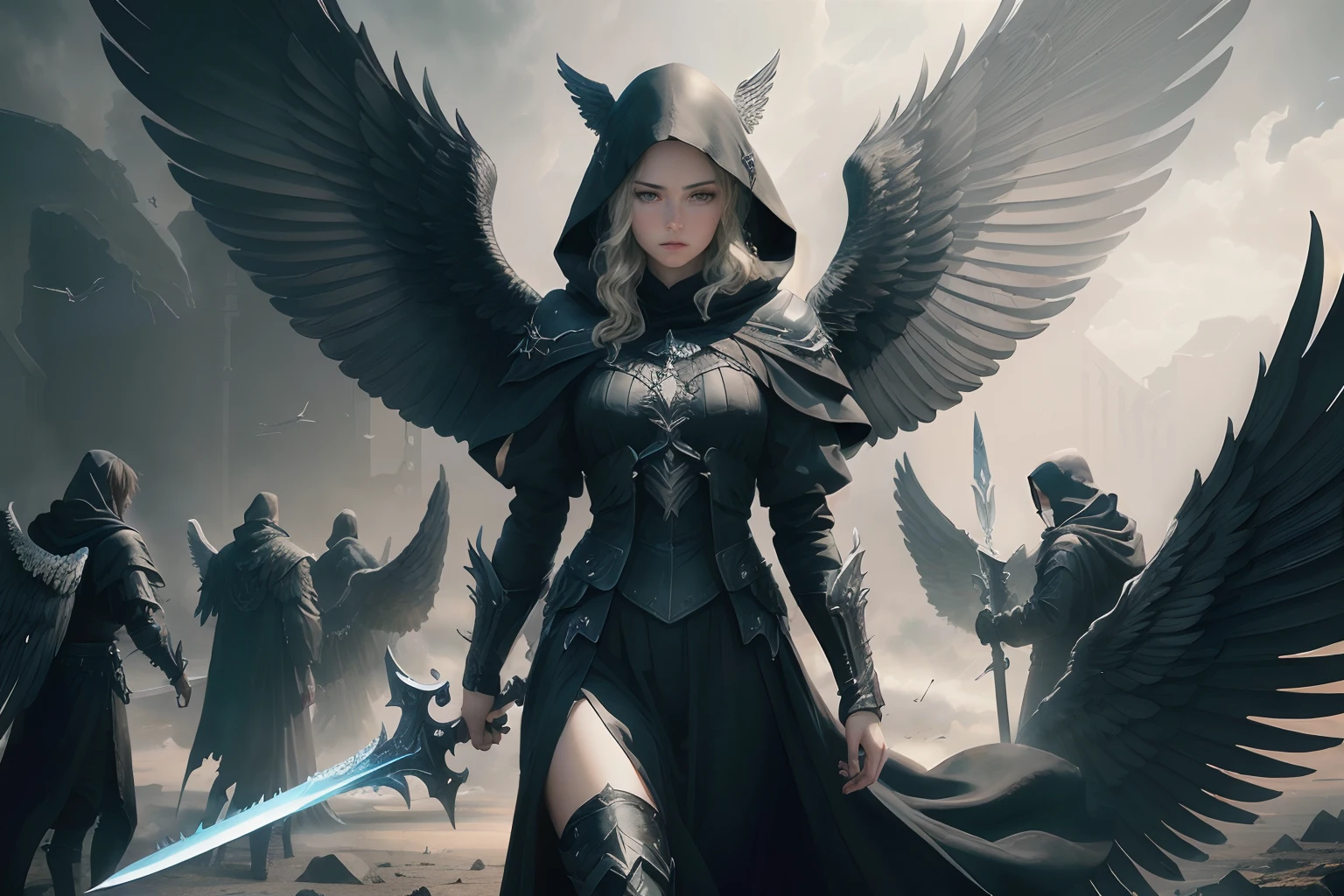 Realistic, 4K, Angels with big wings, Black clothes, one sword, Hood in war background image (chaos)