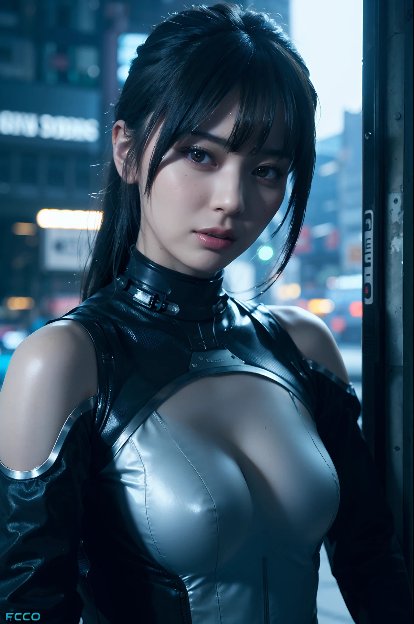Dark Body 8K Drive Rendering, age Female Cyborg, Silvery hair, Wearing broken battle armor, In the city of neon lights, action SHOT, Torn tattered shirt, Perfect tooth alignment, Skin pores, Detailed complex iris, Very dark lighting, heavy shadow, Detailed and detailed face, ((vibrating, photos realistic, realist, Dramatic, murky, foco nítido, 8?And then)),  ::Futuristic cyberpunk style, Realistic style, ::n_digital-painting style