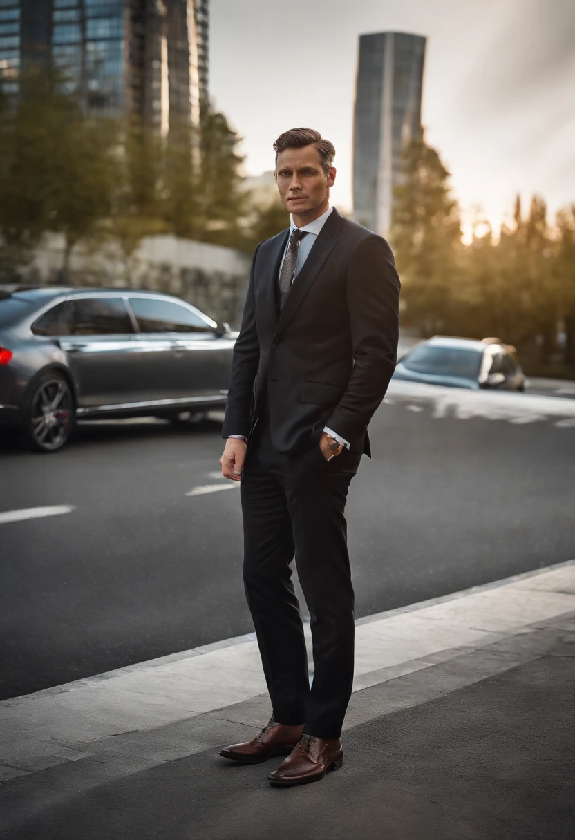 (best quality,4k,8k,highres,masterpiece:1.2),ultra-detailed,(realistic,photorealistic,photo-realistic:1.37),man,thin,35-year-old,166cm tall,suit,standing,beside,BMW X6,expensive car,shiny,metallic paint,sleek design,luxury car,black color,reflection of lights,cityscape,street background,modern architecture,tall buildings,urban environment,sunlight,soft shadows,vivid colors