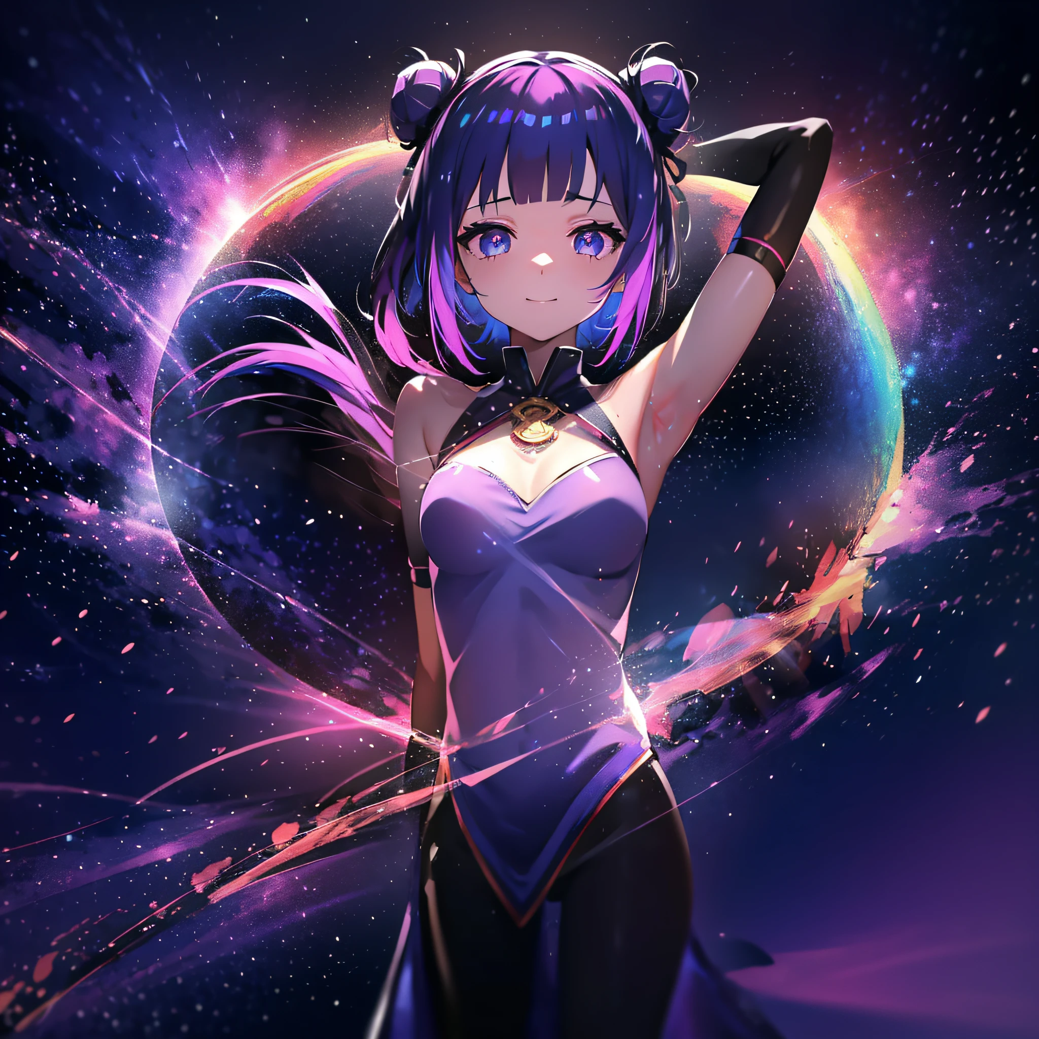 masutepiece:1.3), (Best Quality:1.3), High resolution, Couboy Shot, on back,Superb view、(One Cute Girl:1.3), Solo, huge smile、A ring of iridescent angels hovers above my head、Angel Ring、maid clothes、maid、Eight-headed body、with full of stars、Meteor swarm、Beautiful cityscape、Colorful starry sky、crouching down、Forehead、Wide forehead、Model Standing、cross one's legs、Focus on eye brightness、yogapose、Purple hair, (bobhair:1.2), Mixed mesh and light blue、Bun hair, (Blunt bangs:1.2), Beautiful hair, Eyes are purple, Miraculous Eye、Close your eyes with all your might、Light from the eyes、Eyes are closed(1:4)Beautiful detailed eyes, ultradetailed eyes、Glitter eyes,from the rear、yoga、Colorful starry sky,Stars,Iridescent aura around the eyes、Raise your hand to stretch、Lie down and stick your hips out、Iridescent eyes、Narrowed eyes sucked in,Wearing a rainbow-colored aura from the whole body、 Shadow lighting,perfectbody