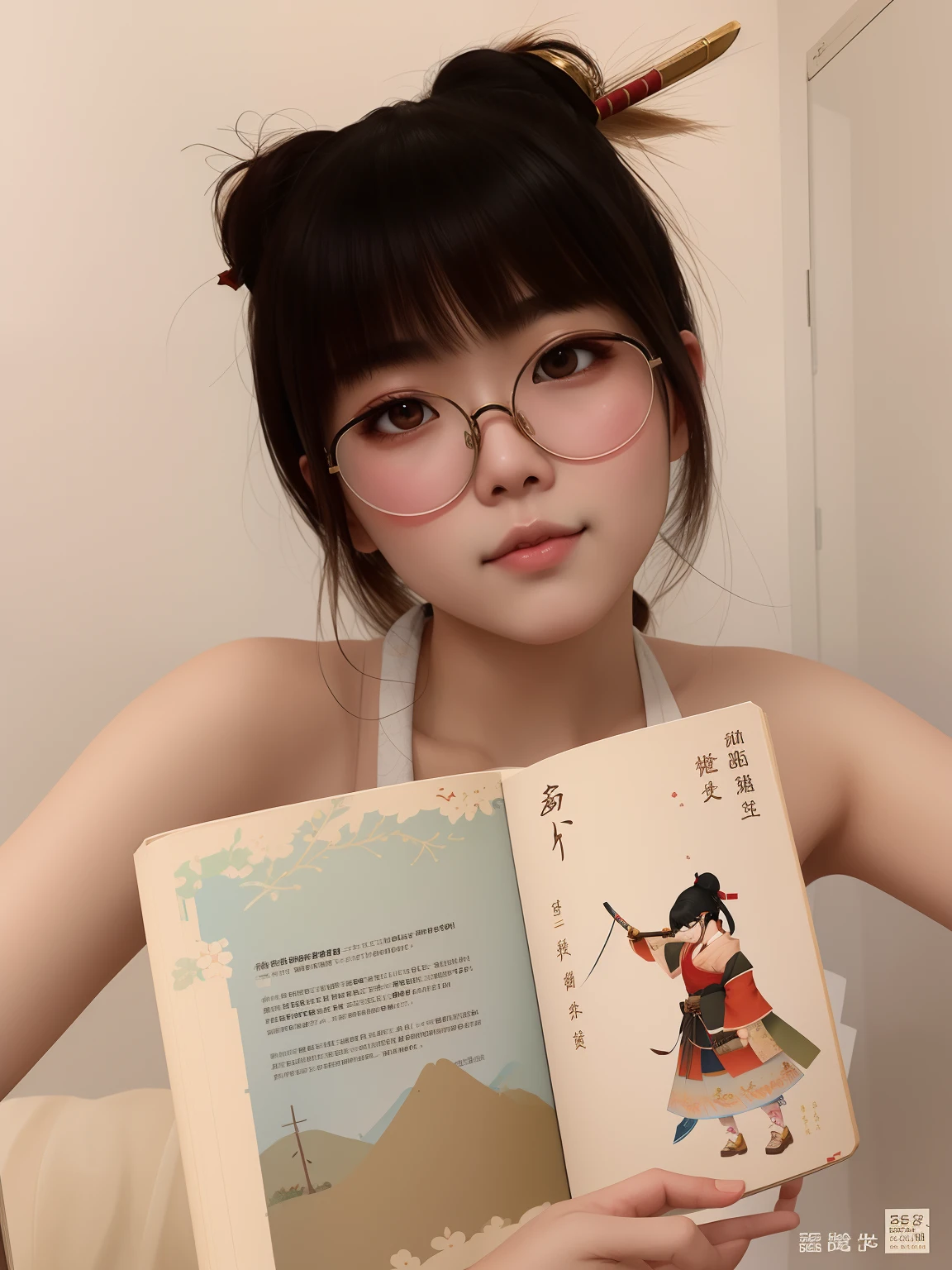 Arafed asian girl with glasses holding a book in her hands, Wenfei Ye, Lendo novo livro, Guweiz, wearing thin large round glasses, Xintong Chen, wearing transparent glass mask, With eye Glasses, wearing small round glasses, Middle metaverse, Arte no estilo de Guweiz, bespectacled, Obra-prima de Guweiz, Book of an Onna-Bugeisha with a katana in her hand