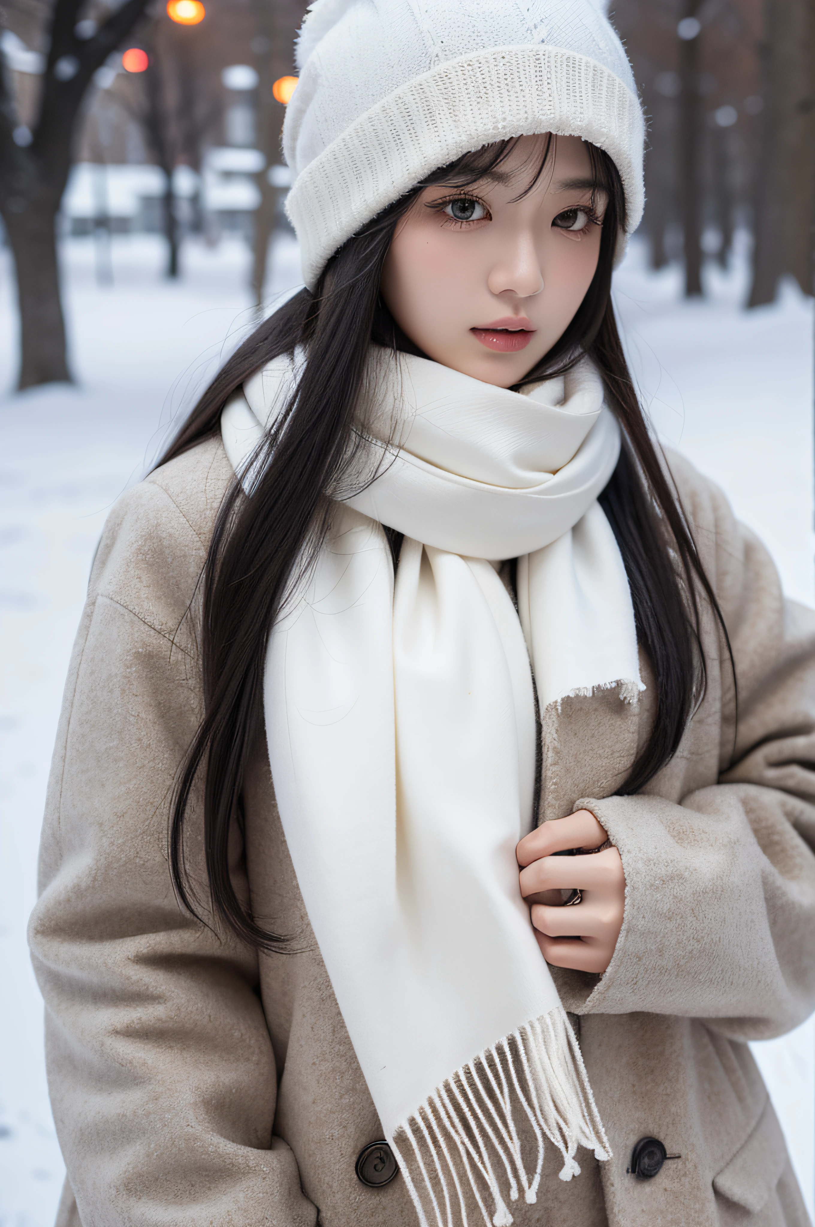 masterpiece, best quality,1girl, solo, black hair, scarf, hat, realistic, looking at viewer, black eyes, long hair, coat, winter clothes, white scarf, lips, bangs, outdoors, closed mouth, upper body